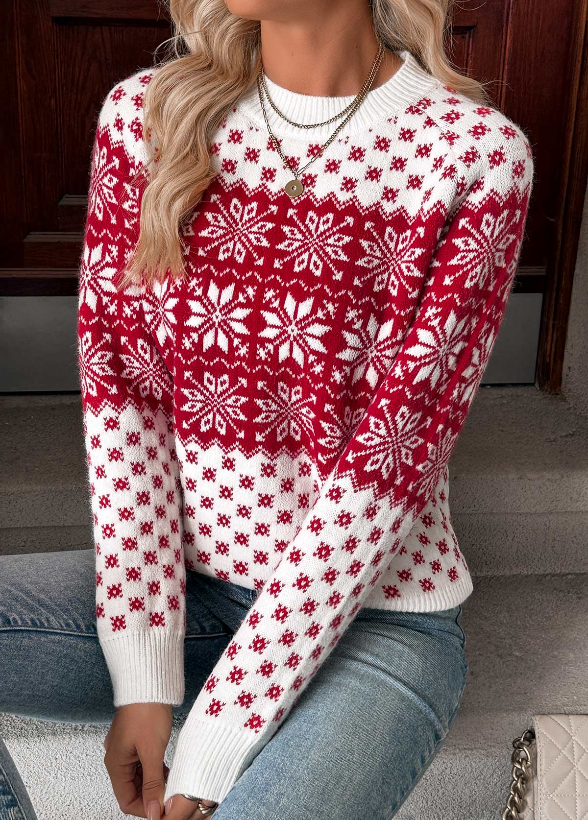 Christmas Wine Red Tummy Coverage Snowflake Print Sweater | picture 