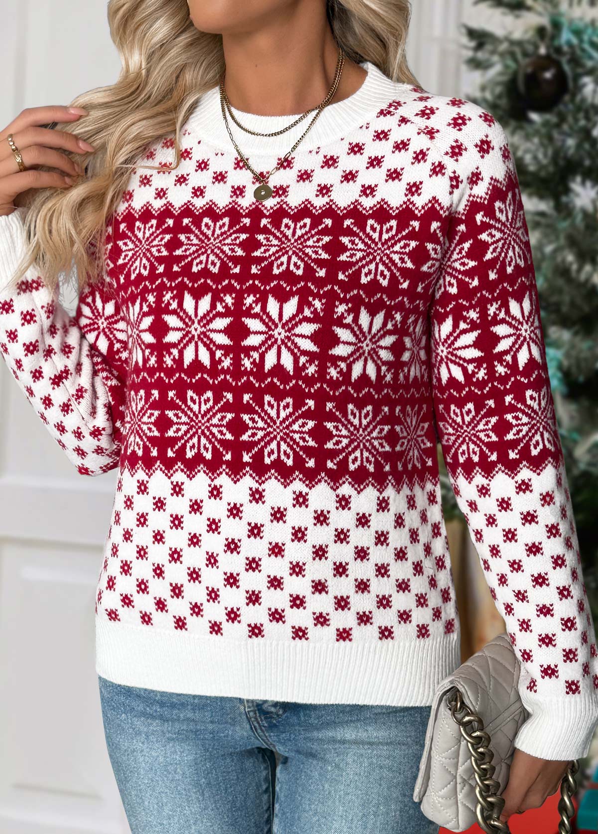 Christmas Wine Red Tummy Coverage Snowflake Print Sweater | picture 