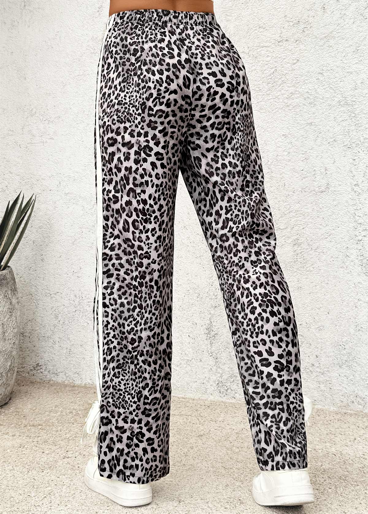 Black Leopard Straight Leg Elastic Waist High Waisted Pants | picture 