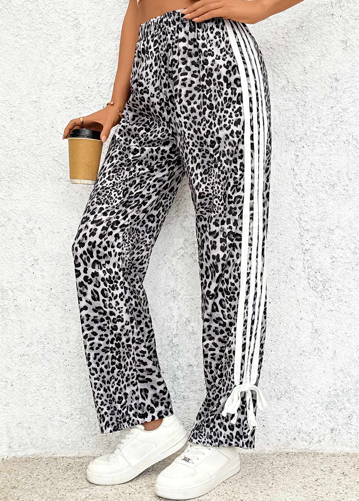 Black Leopard Straight Leg Elastic Waist High Waisted Pants | picture 