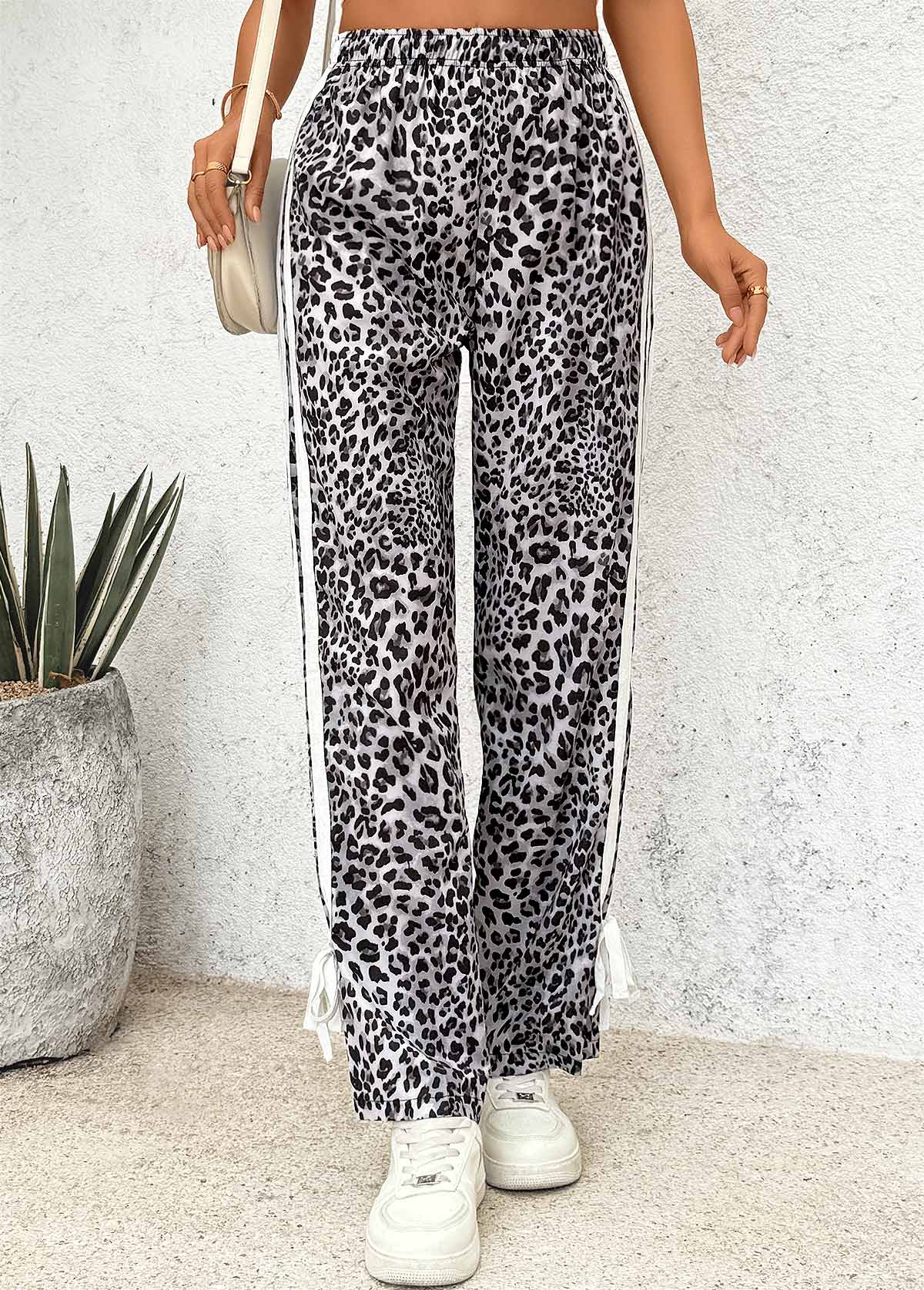 Black Leopard Straight Leg Elastic Waist High Waisted Pants | picture 