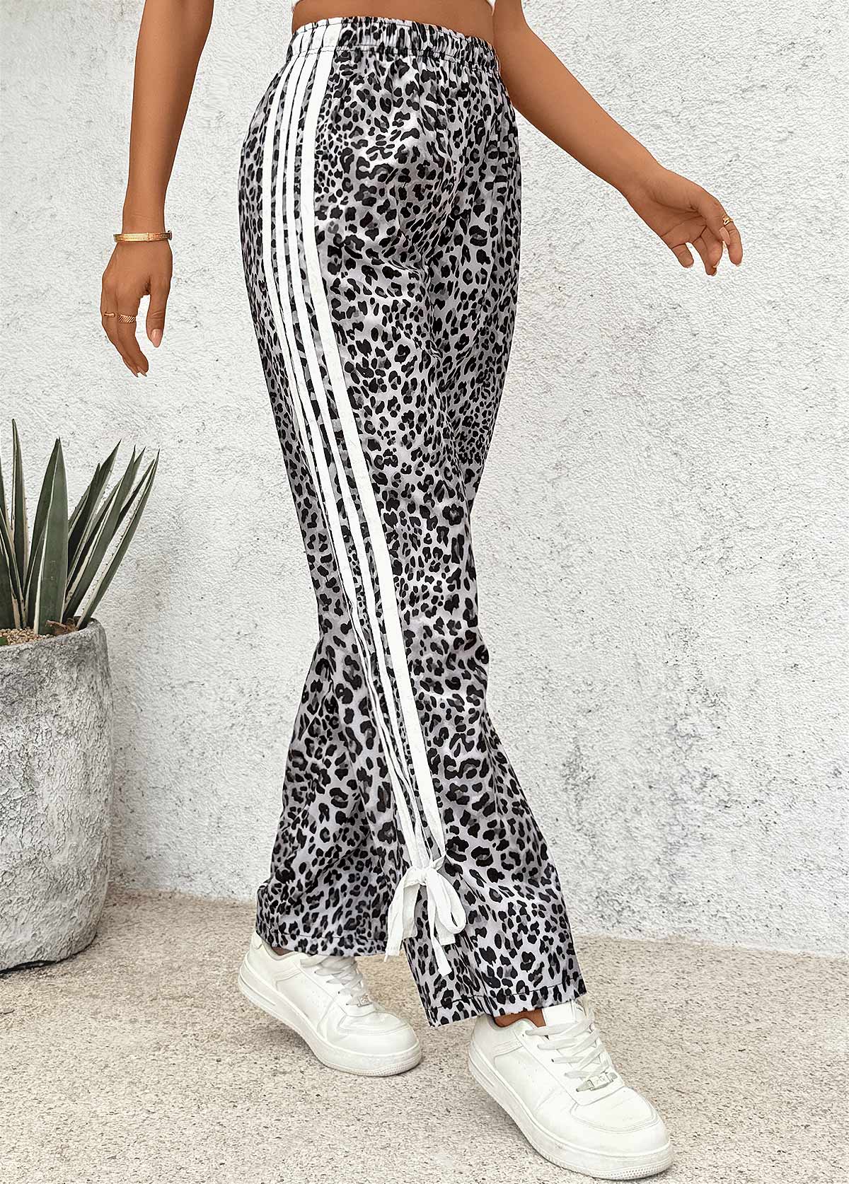 Black Leopard Straight Leg Elastic Waist High Waisted Pants | picture 