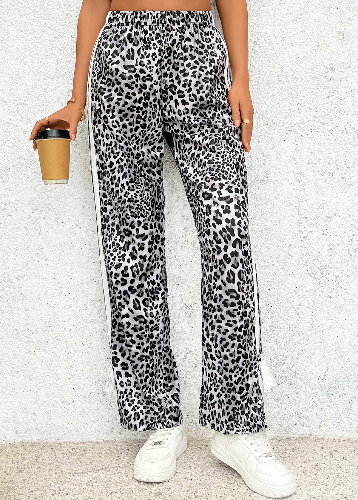 Black Leopard Straight Leg Elastic Waist High Waisted Pants | picture 