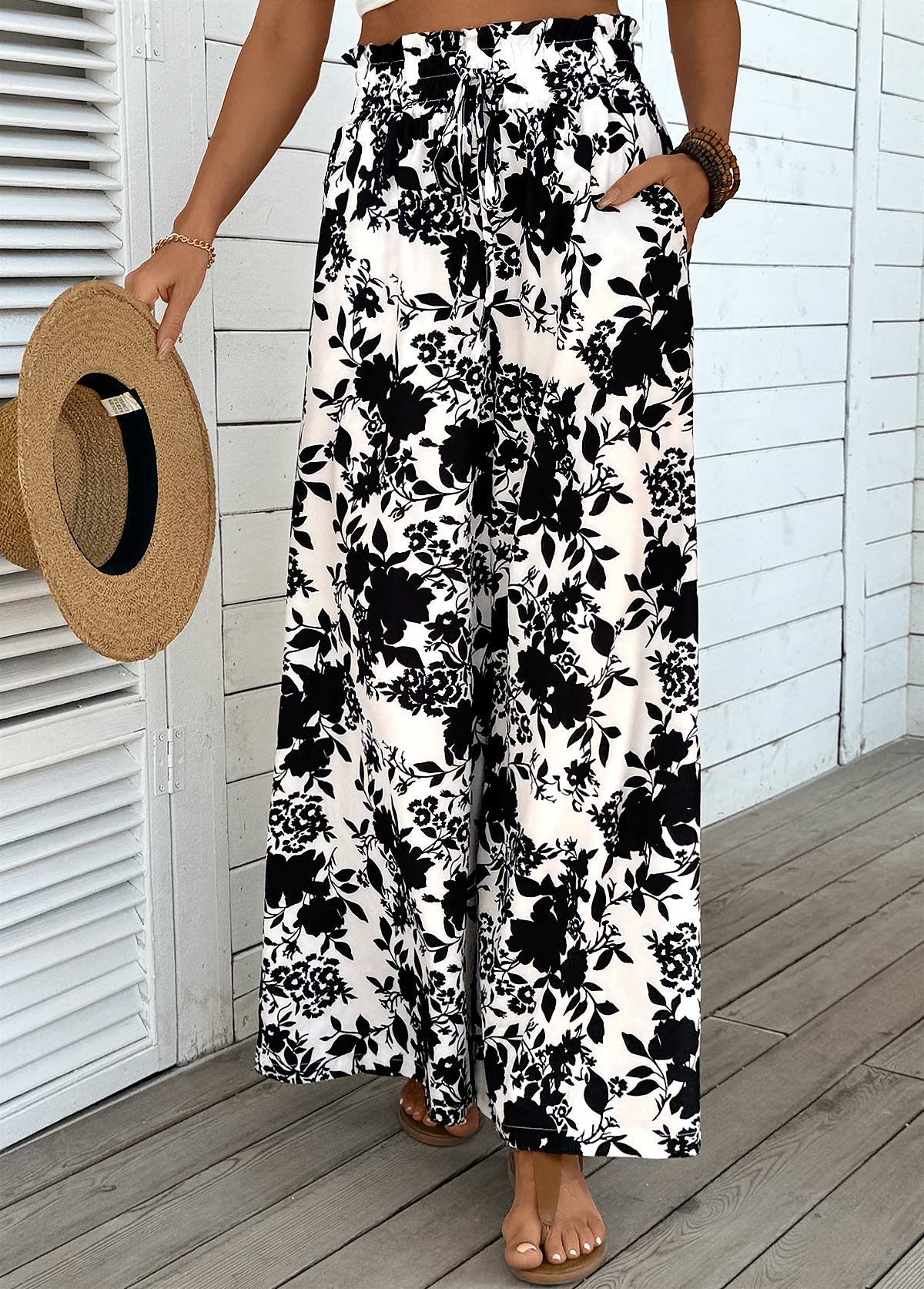 Beige Pocket Plants Print Wide Leg Elastic Waist Pants | picture 