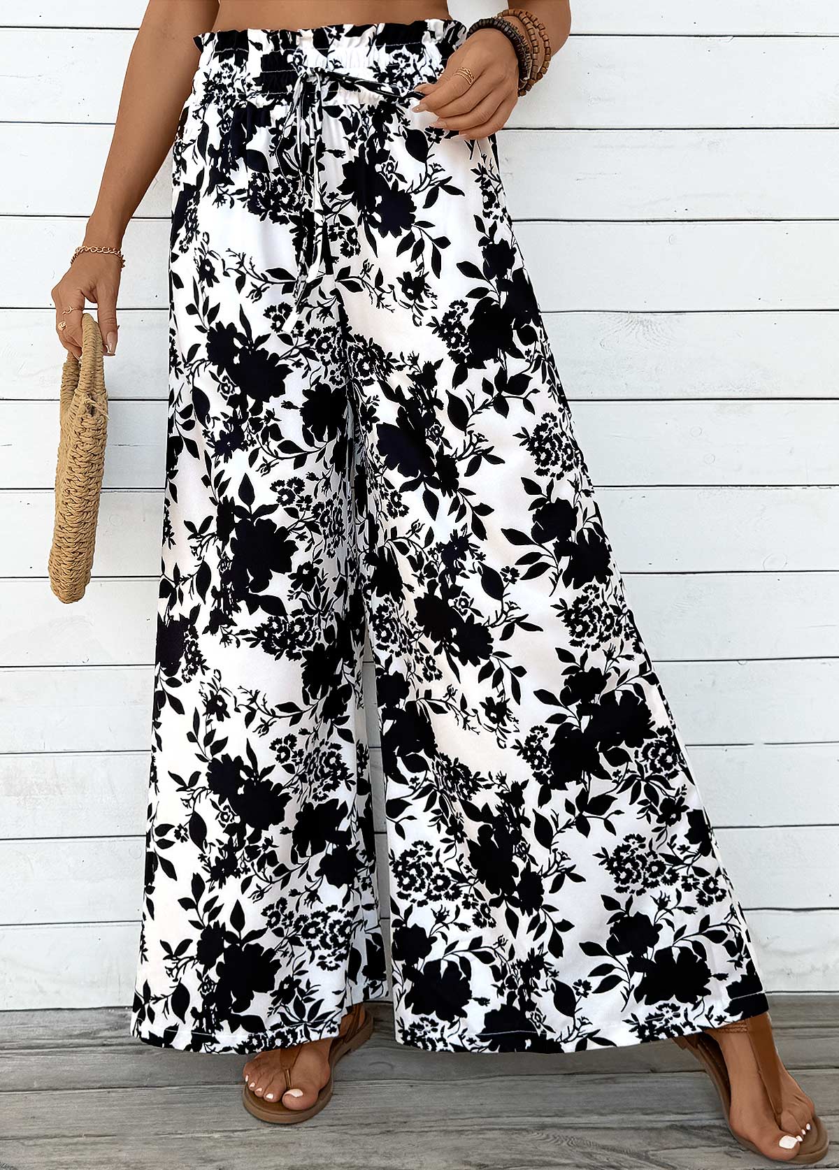 Beige Pocket Plants Print Wide Leg Elastic Waist Pants | picture 