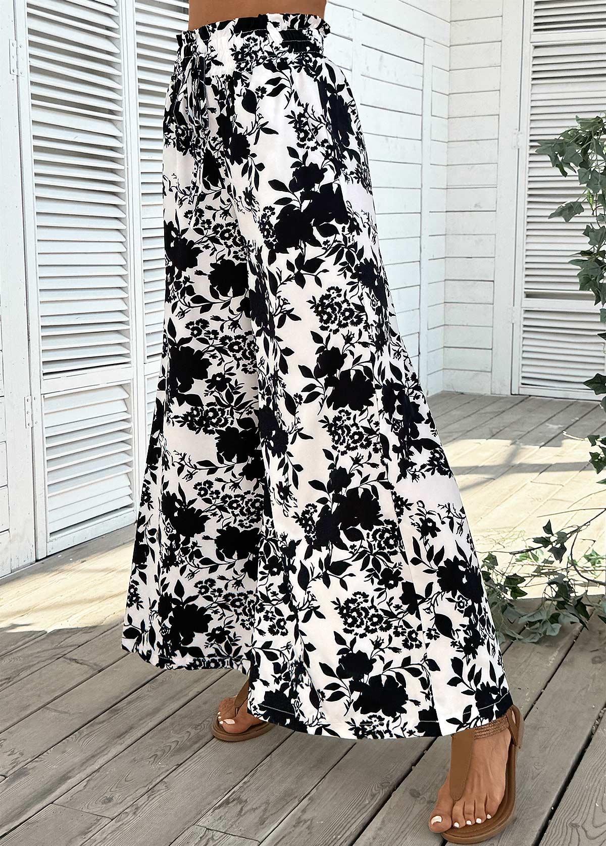 Beige Pocket Plants Print Wide Leg Elastic Waist Pants | picture 