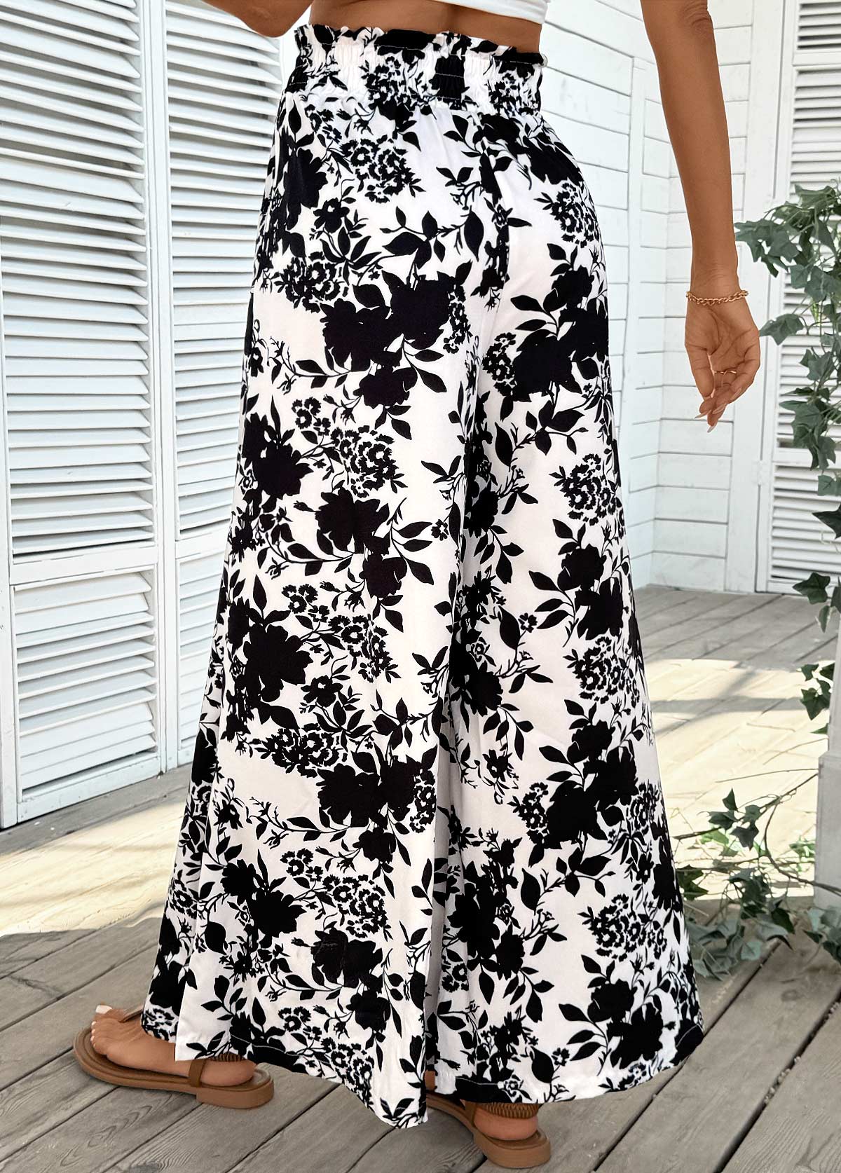 Beige Pocket Plants Print Wide Leg Elastic Waist Pants | picture 