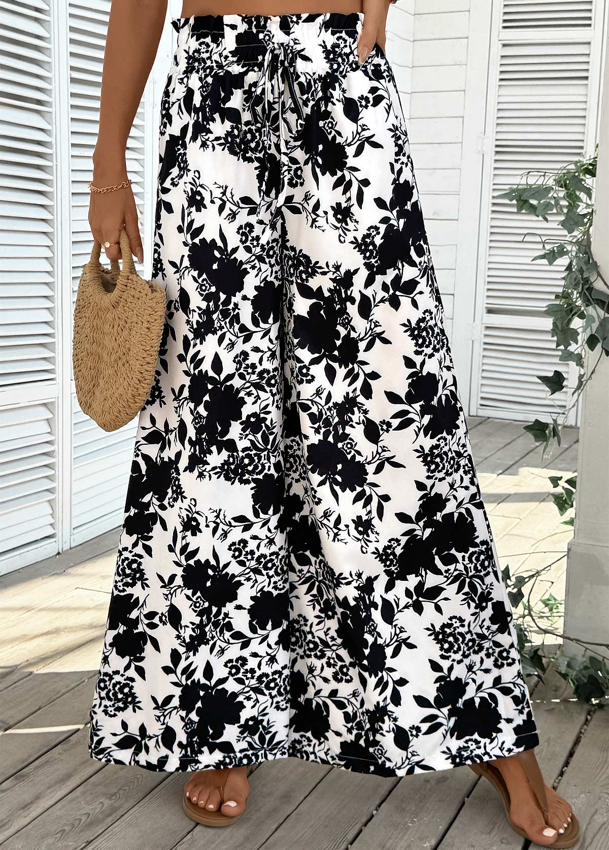 Beige Pocket Plants Print Wide Leg Elastic Waist Pants | picture 