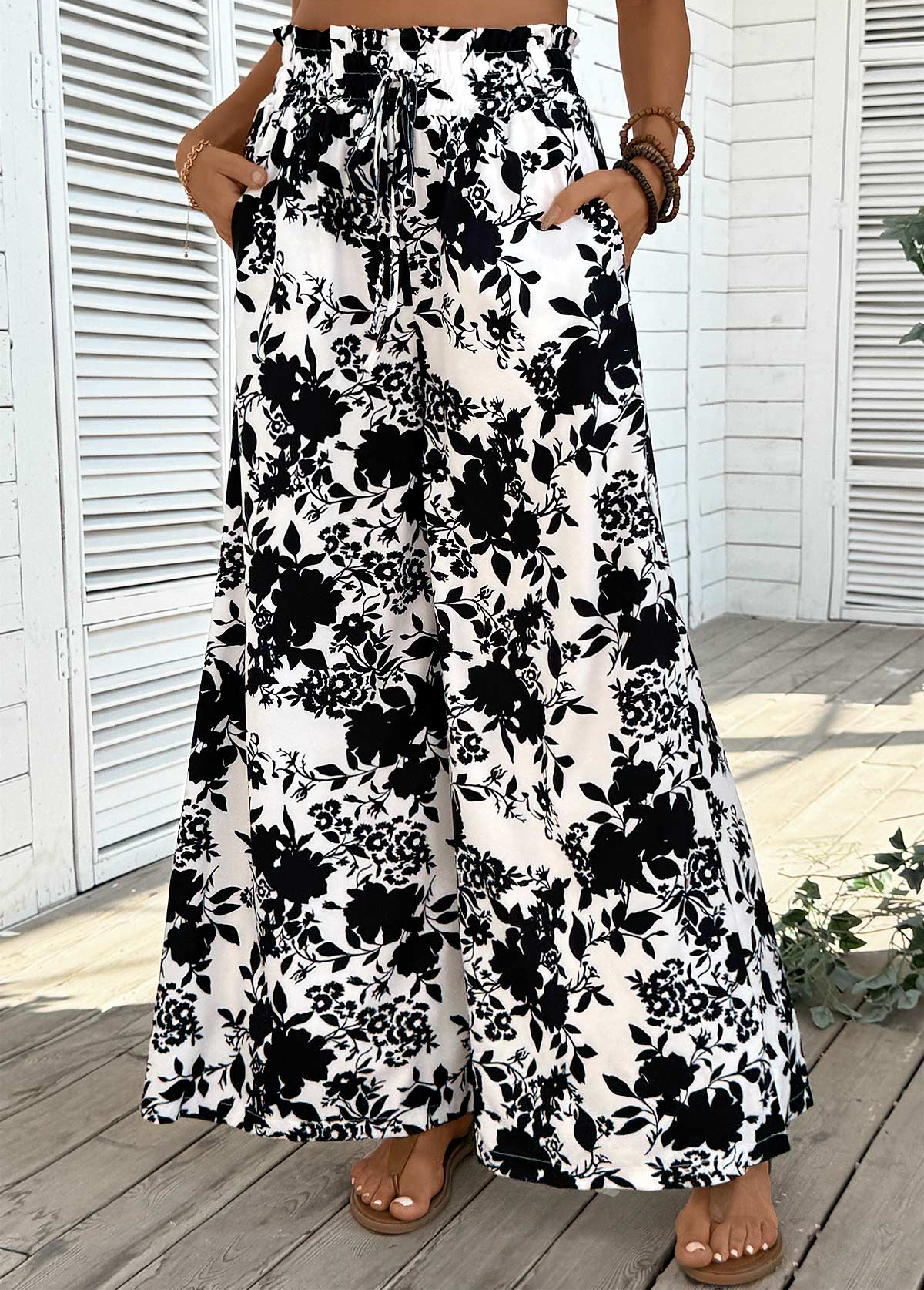 Beige Pocket Plants Print Wide Leg Elastic Waist Pants | picture 