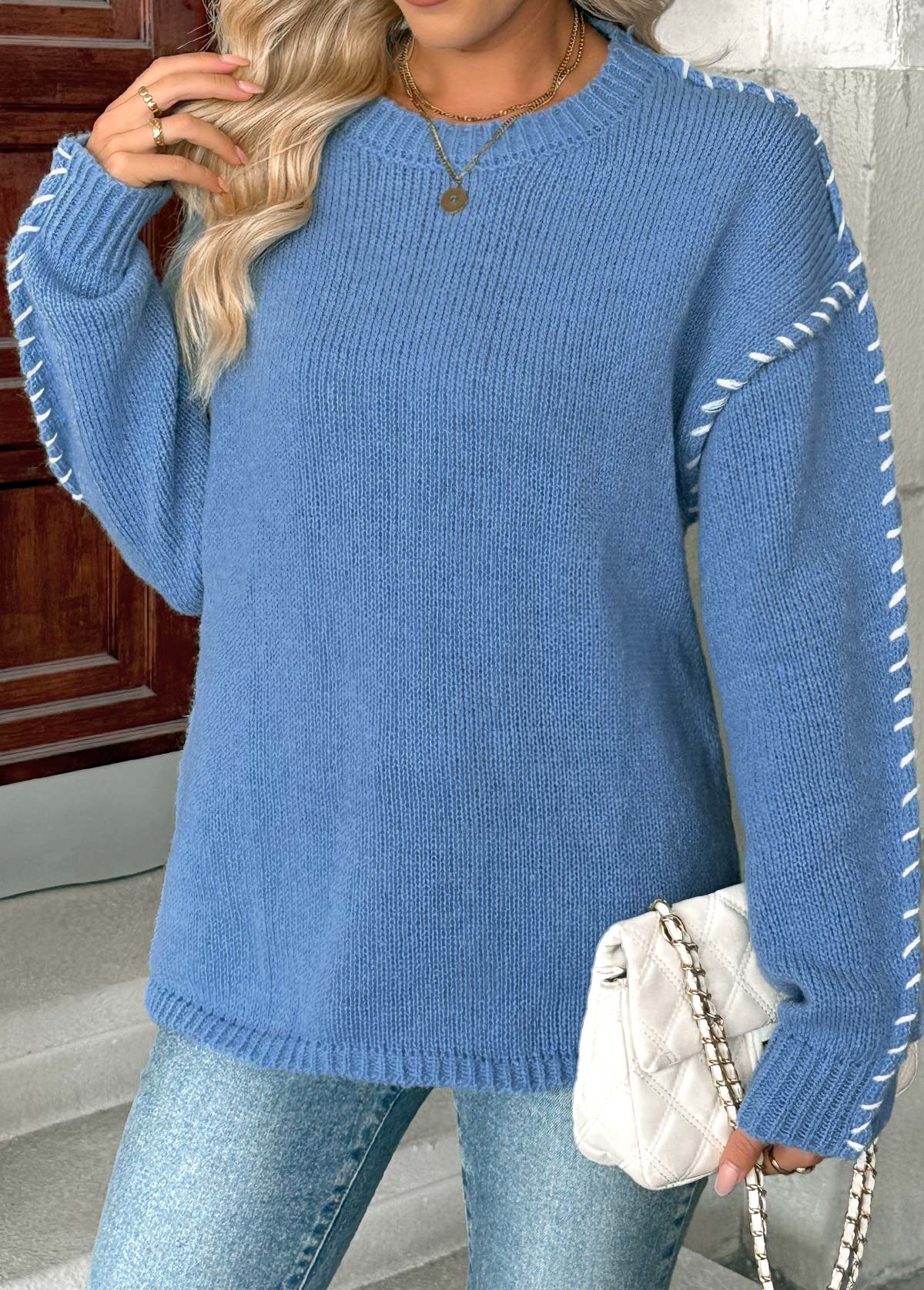 Dusty Blue Tummy Coverage Long Sleeve Round Neck Sweater | picture 