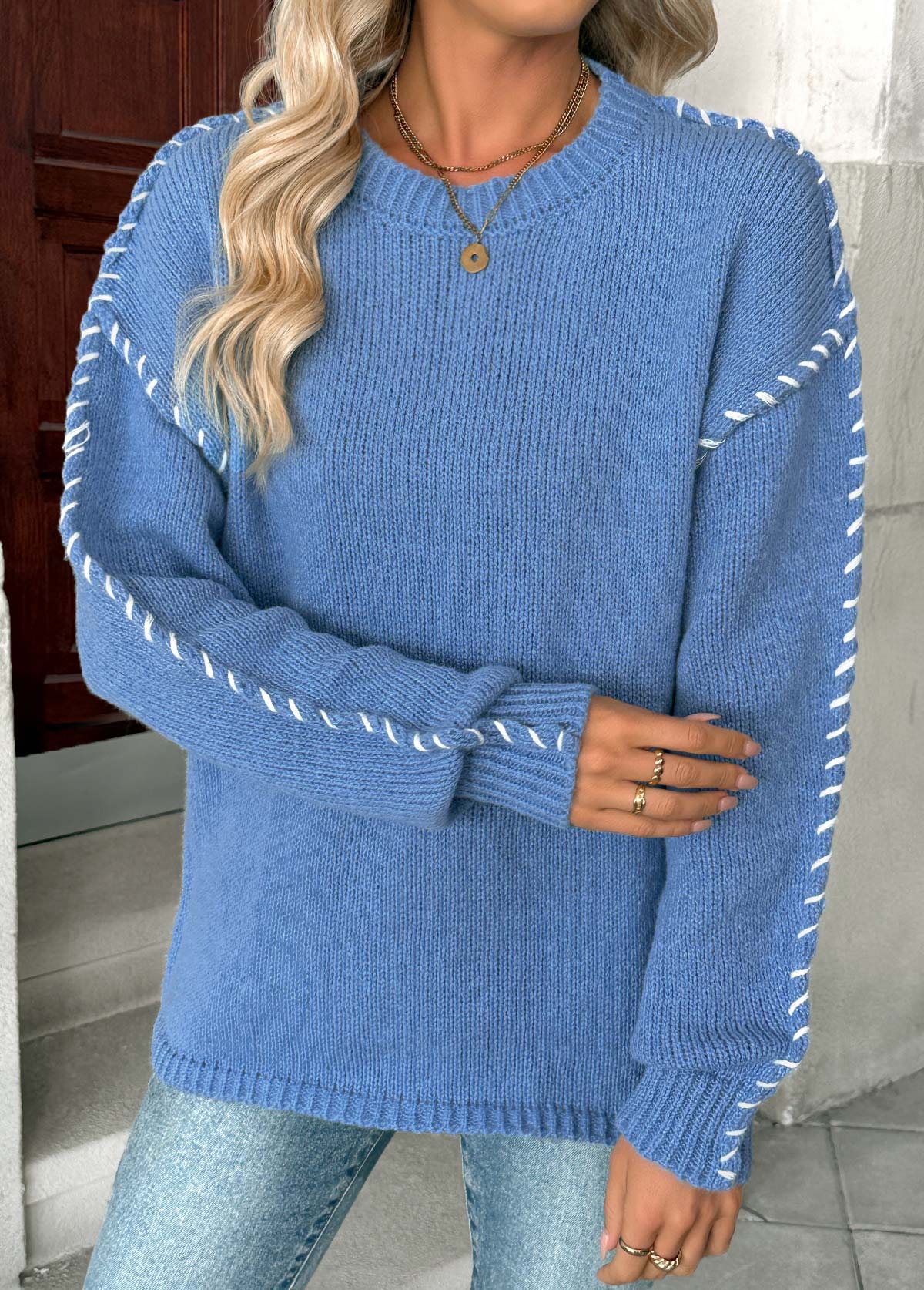 Dusty Blue Tummy Coverage Long Sleeve Round Neck Sweater | picture 