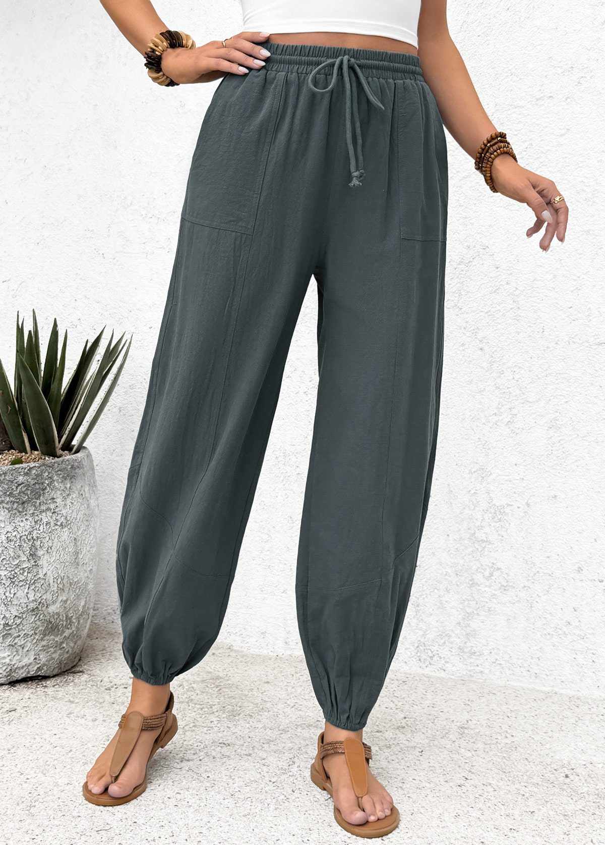 Dark Grey Pocket Jogger Elastic Waist High Waisted Pants | picture 