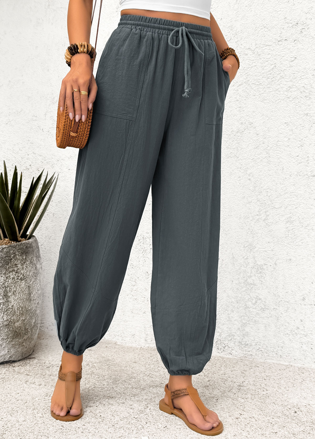 Dark Grey Pocket Jogger Elastic Waist High Waisted Pants | picture 