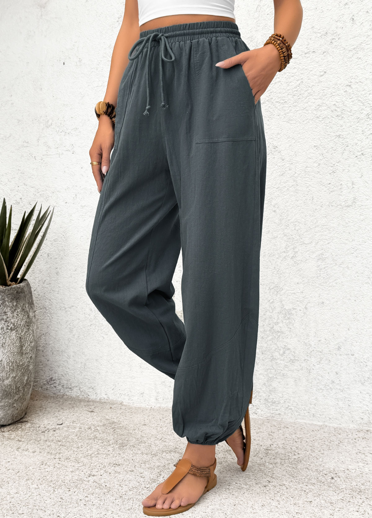 Dark Grey Pocket Jogger Elastic Waist High Waisted Pants | picture 