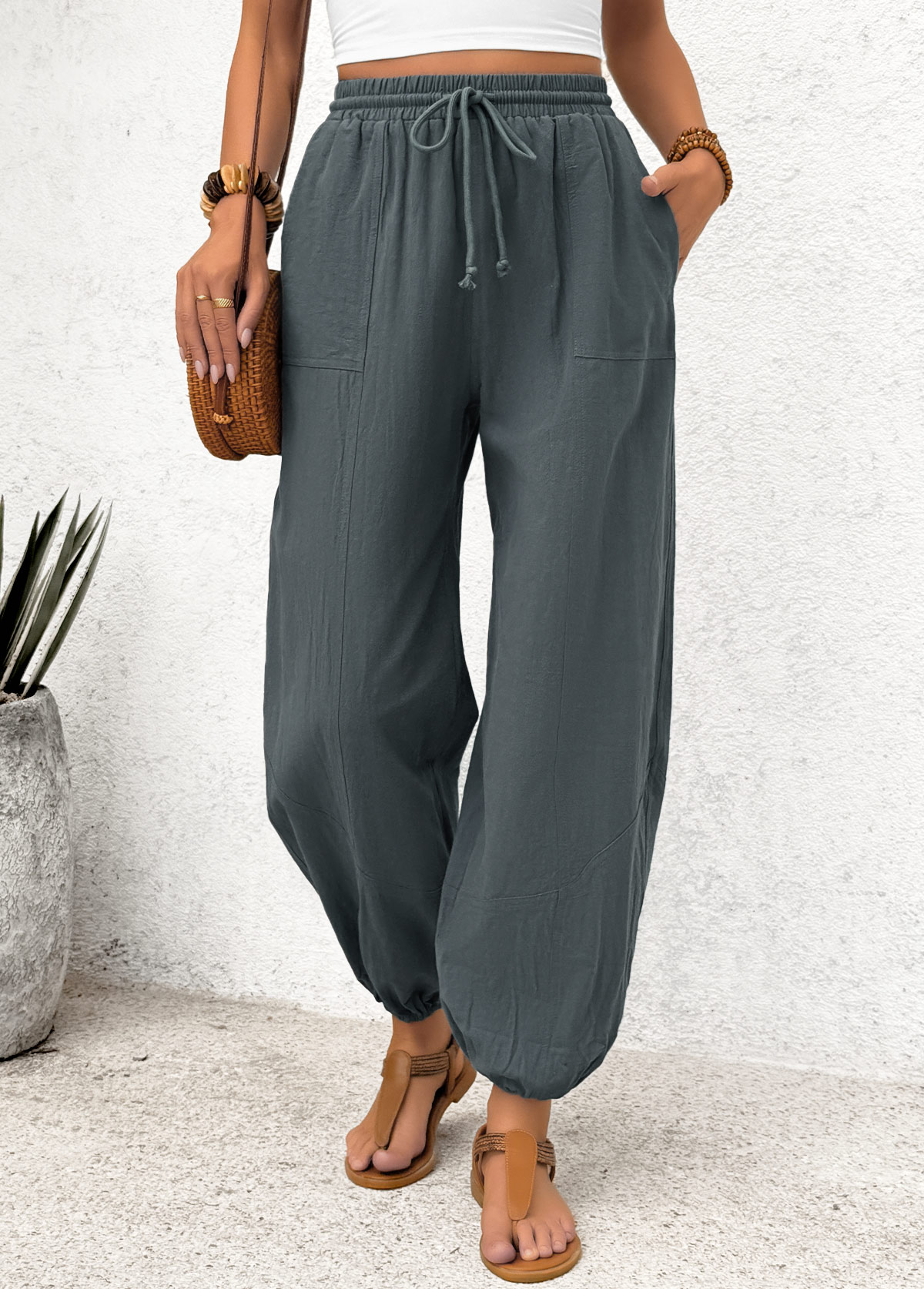 Dark Grey Pocket Jogger Elastic Waist High Waisted Pants | picture 