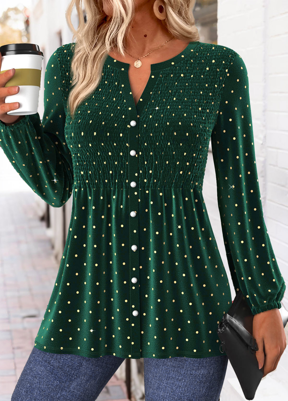 Green Peplum Polka Dot Long Sleeve Split Neck Blouse | picture 
