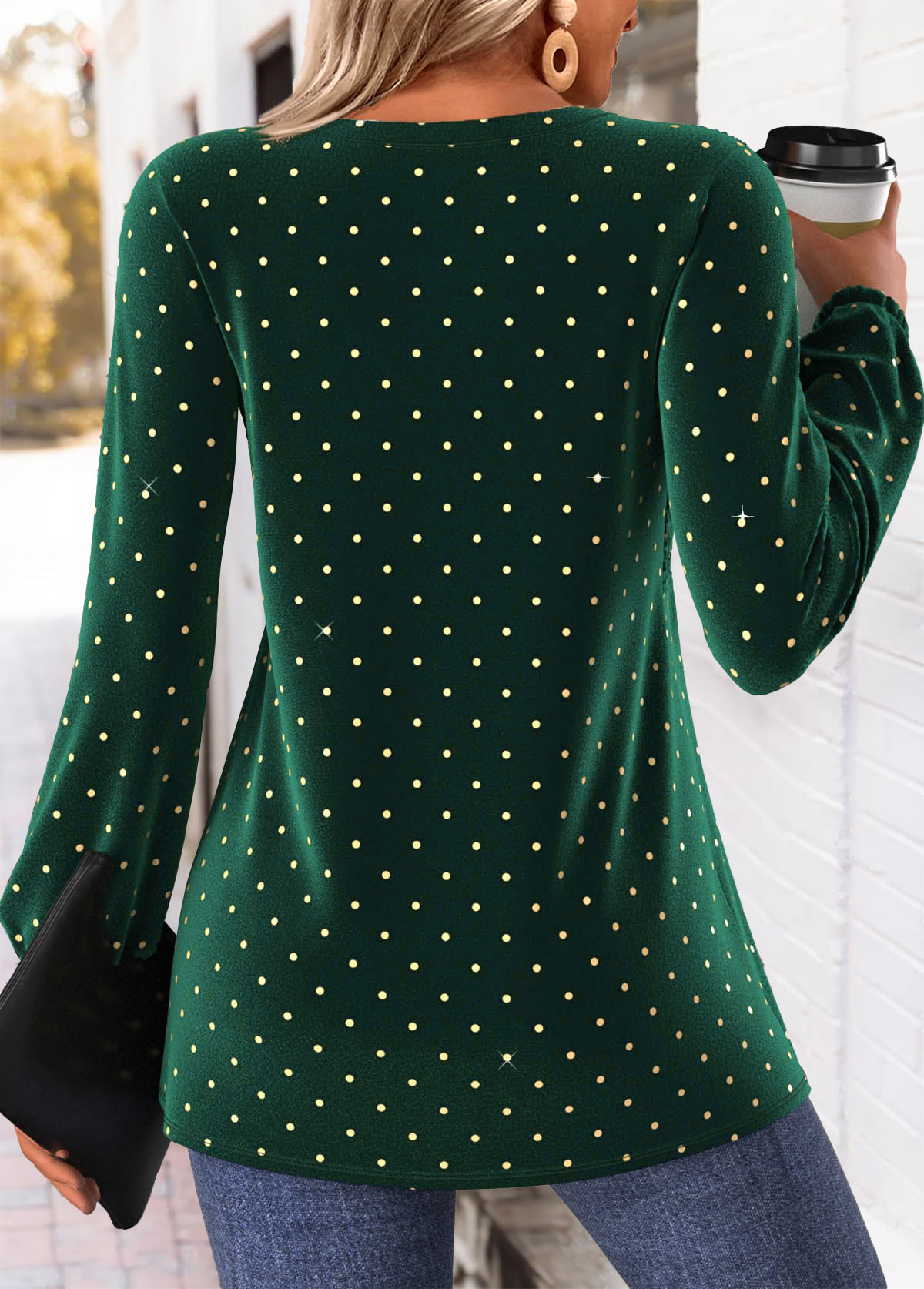 Green Peplum Polka Dot Long Sleeve Split Neck Blouse | picture 