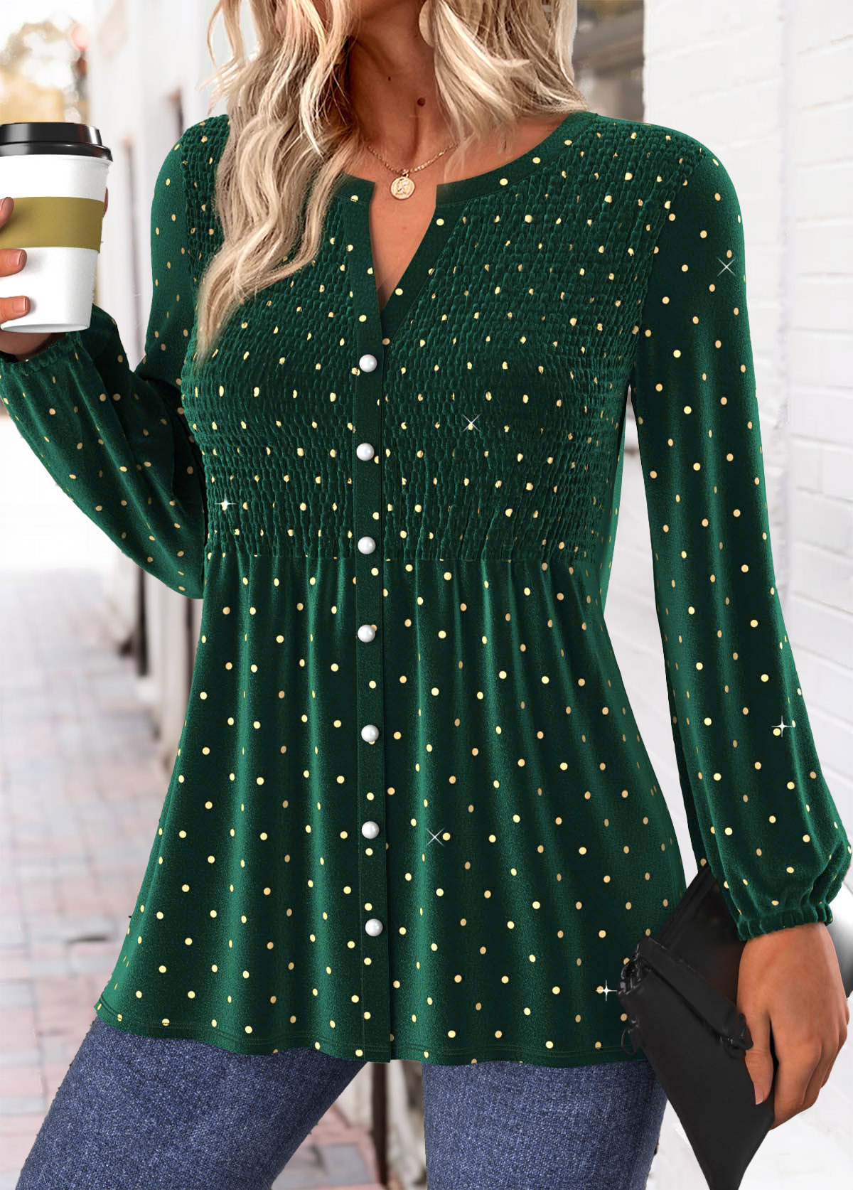 Green Peplum Polka Dot Long Sleeve Split Neck Blouse | picture 