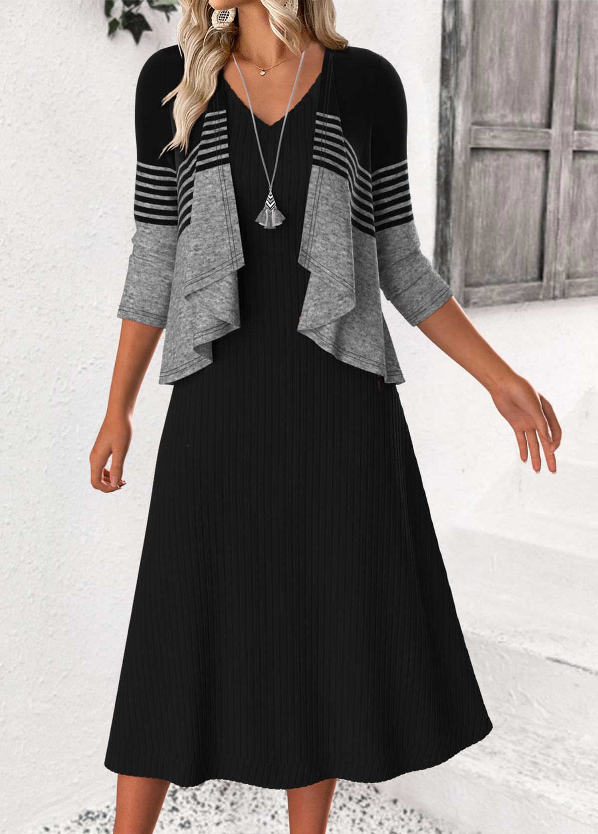 Black Tummy Coverage Striped 3/4 Sleeve Dress and Cardigan | picture 