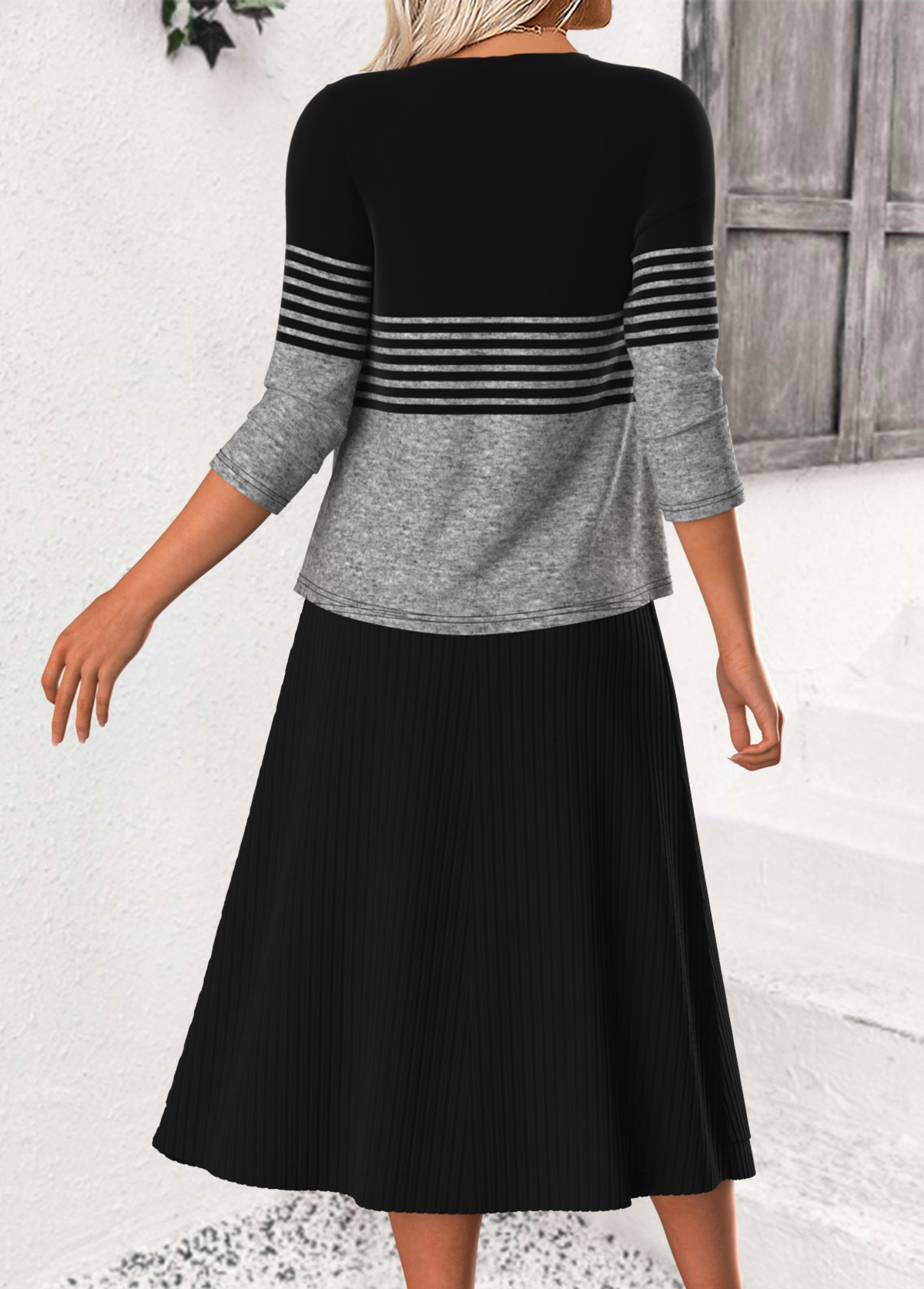 Black Tummy Coverage Striped 3/4 Sleeve Dress and Cardigan | picture 