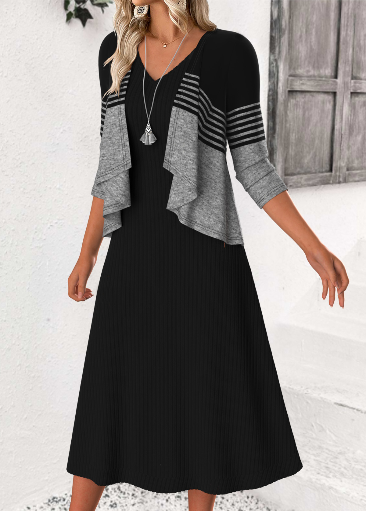 Black Tummy Coverage Striped 3/4 Sleeve Dress and Cardigan | picture 