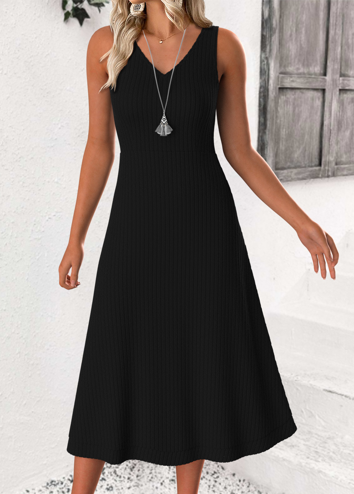 Black Tummy Coverage Striped 3/4 Sleeve Dress and Cardigan | picture 