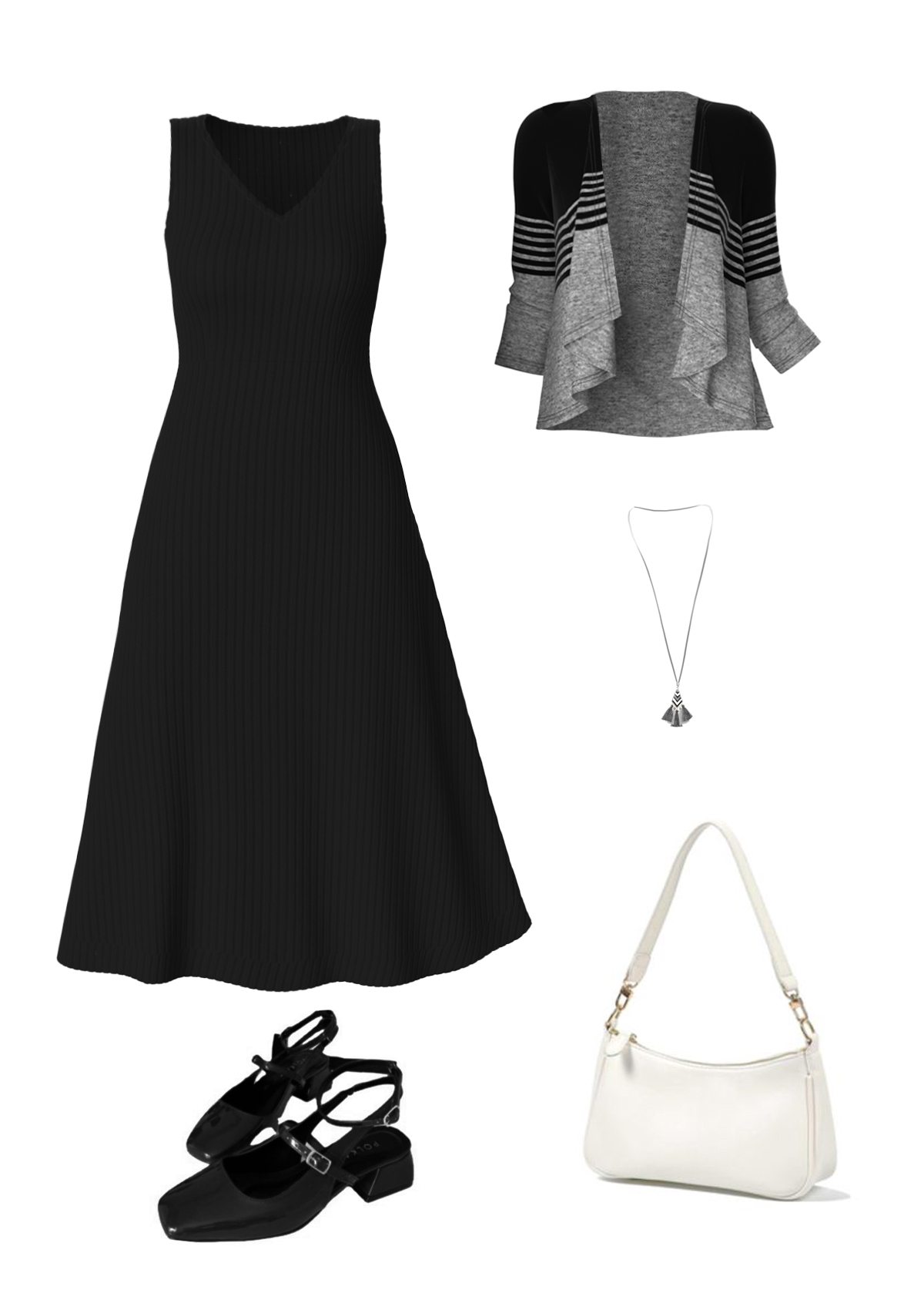 Black Tummy Coverage Striped 3/4 Sleeve Dress and Cardigan | picture 