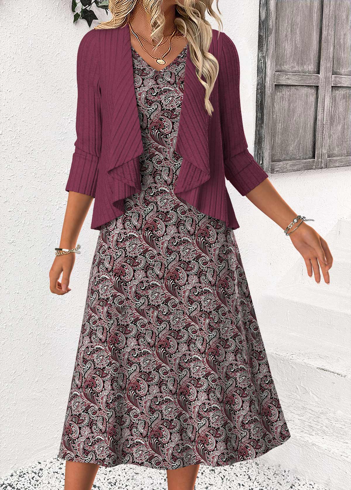 Dusty Purple Tummy Coverage Paisley Print Dress and Cardigan | picture 