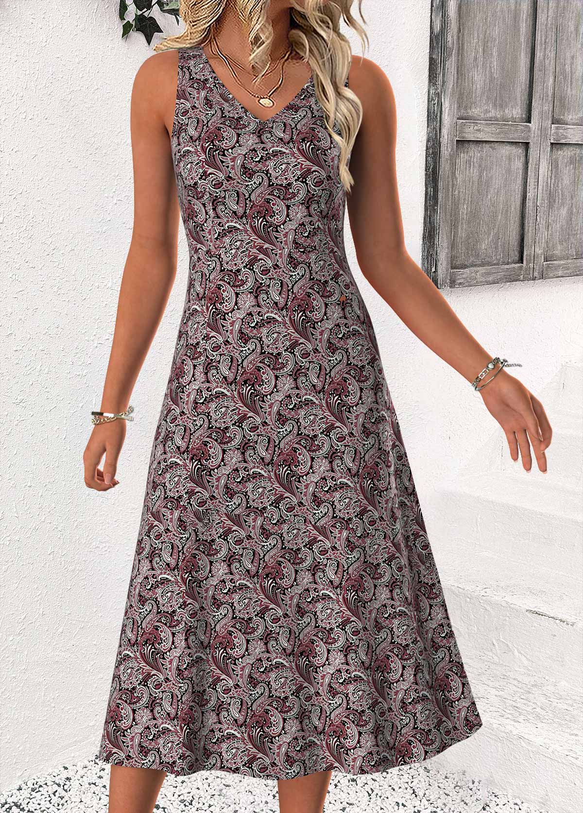 Dusty Purple Tummy Coverage Paisley Print Dress and Cardigan | picture 