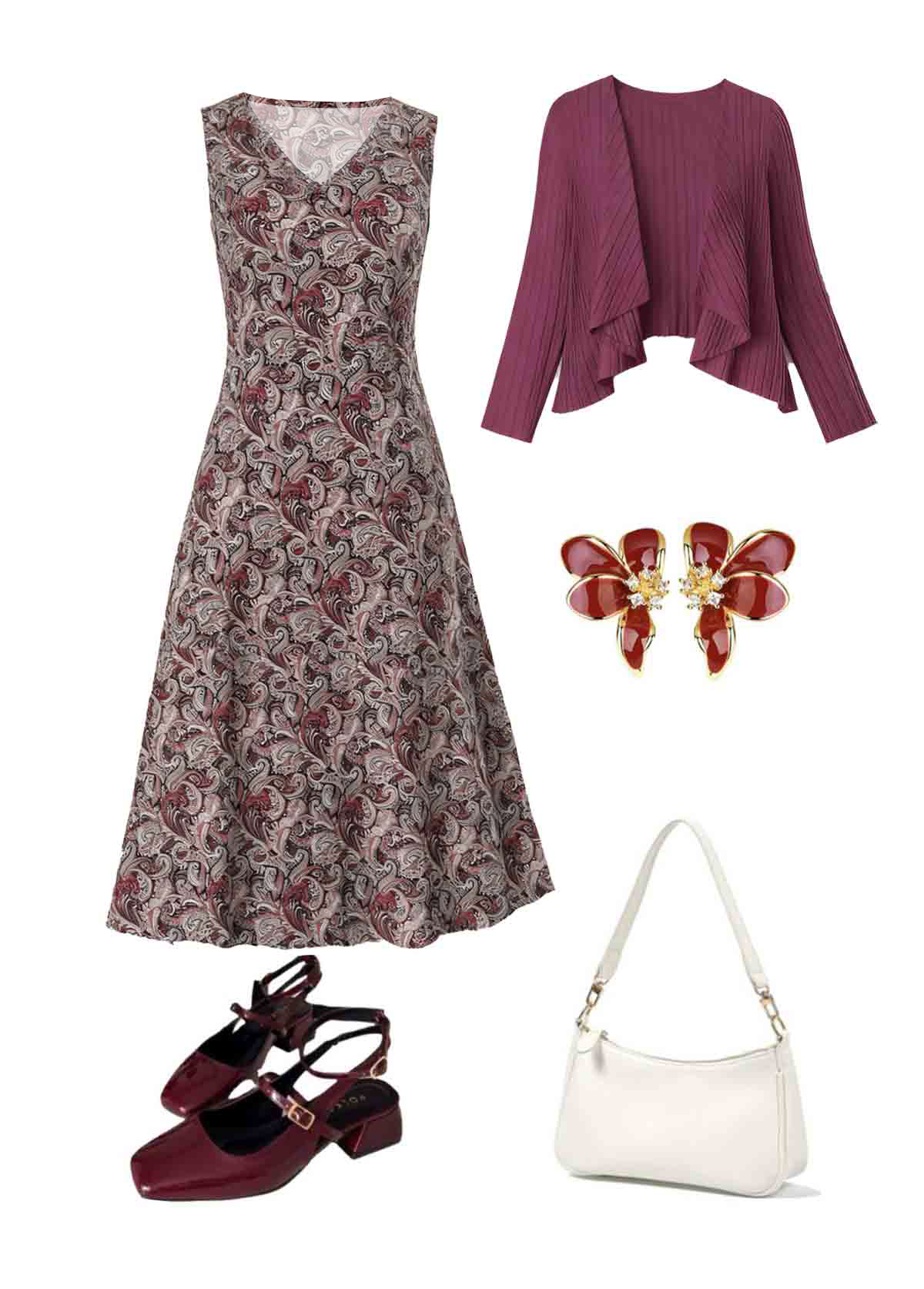 Dusty Purple Tummy Coverage Paisley Print Dress and Cardigan | picture 