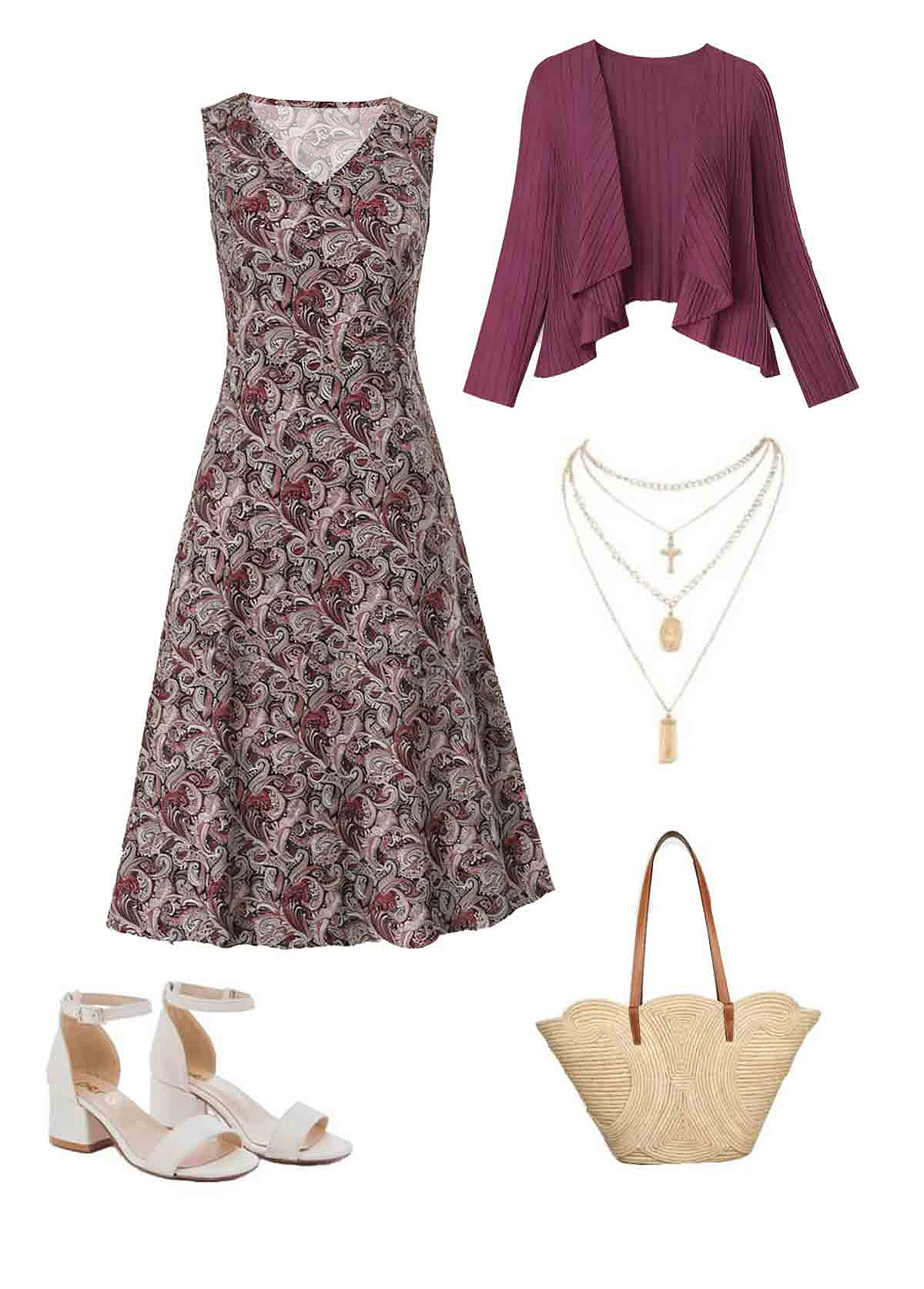 Dusty Purple Tummy Coverage Paisley Print Dress and Cardigan | picture 