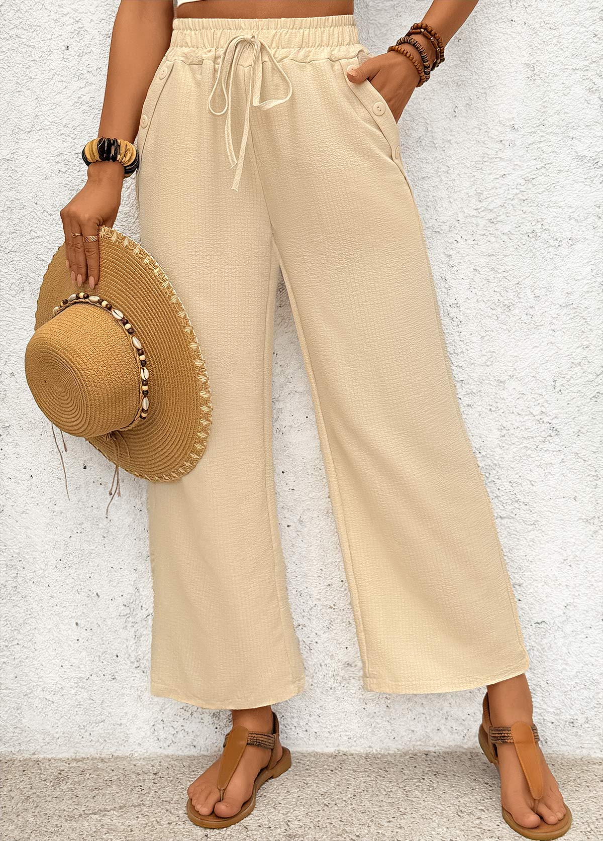 Light Coffee Pocket Wide Leg Elastic Waist Pants | picture 