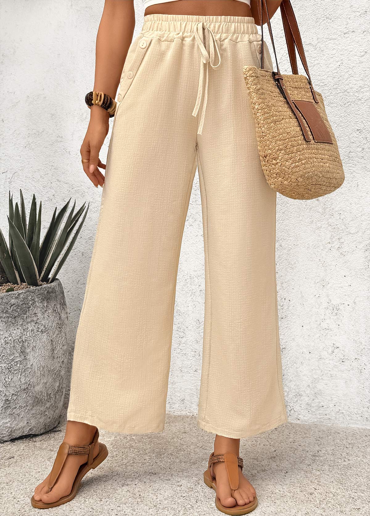 Light Coffee Pocket Wide Leg Elastic Waist Pants | picture 
