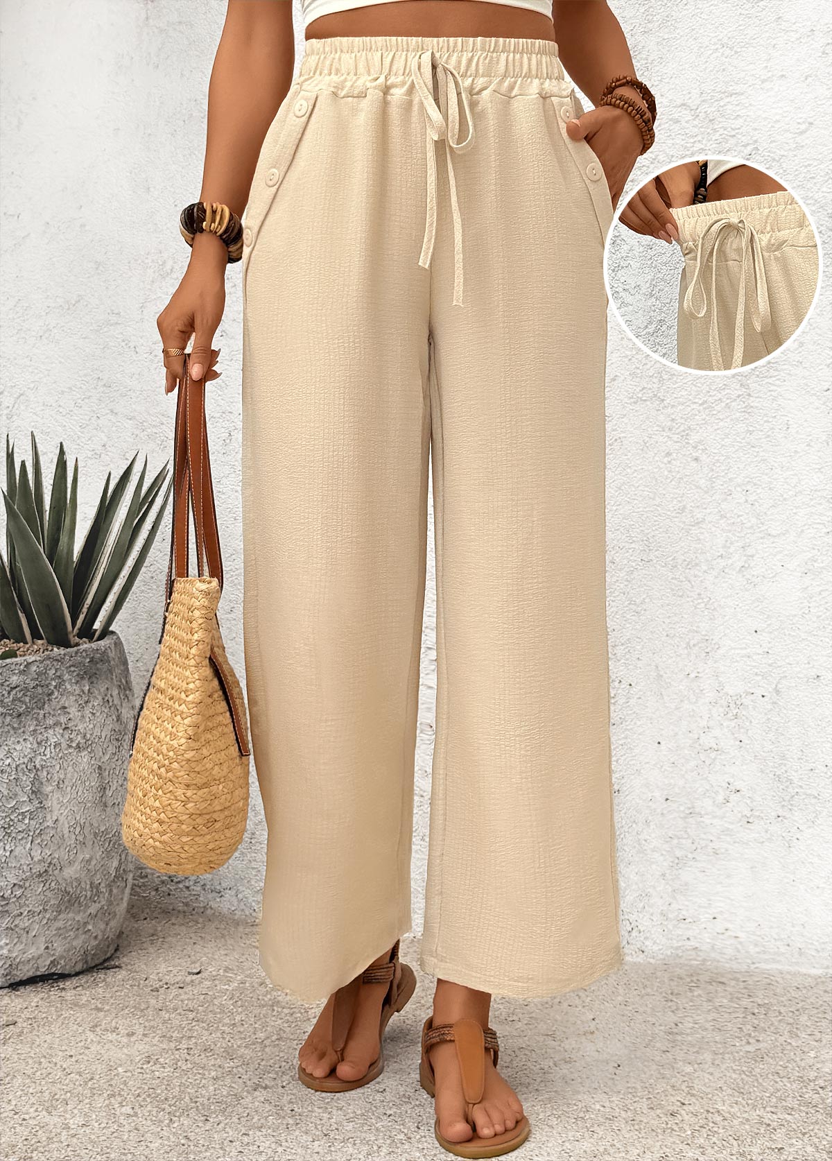 Light Coffee Pocket Wide Leg Elastic Waist Pants | picture 