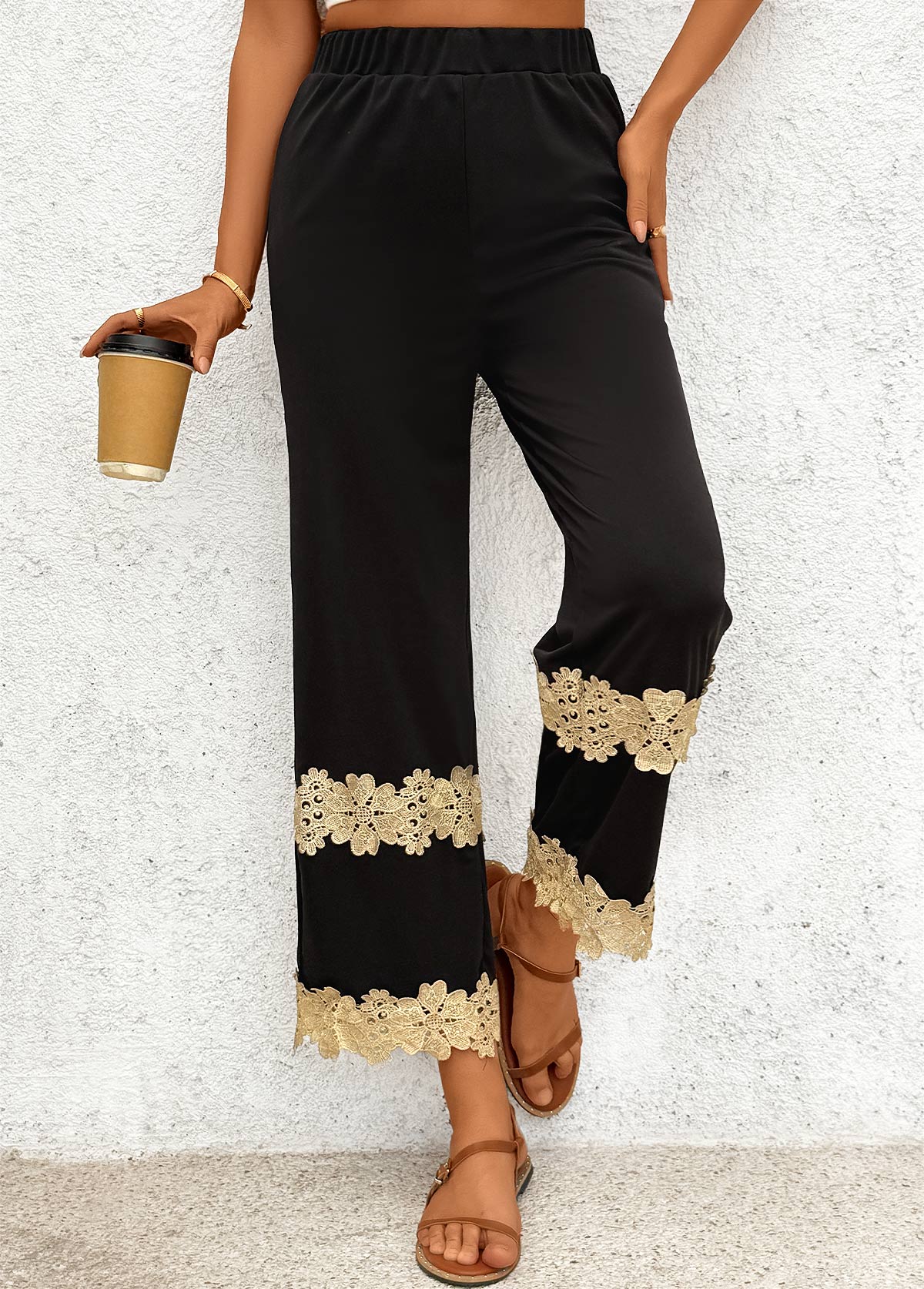 Black Straight Leg Elastic Waist High Waisted Pants | picture 
