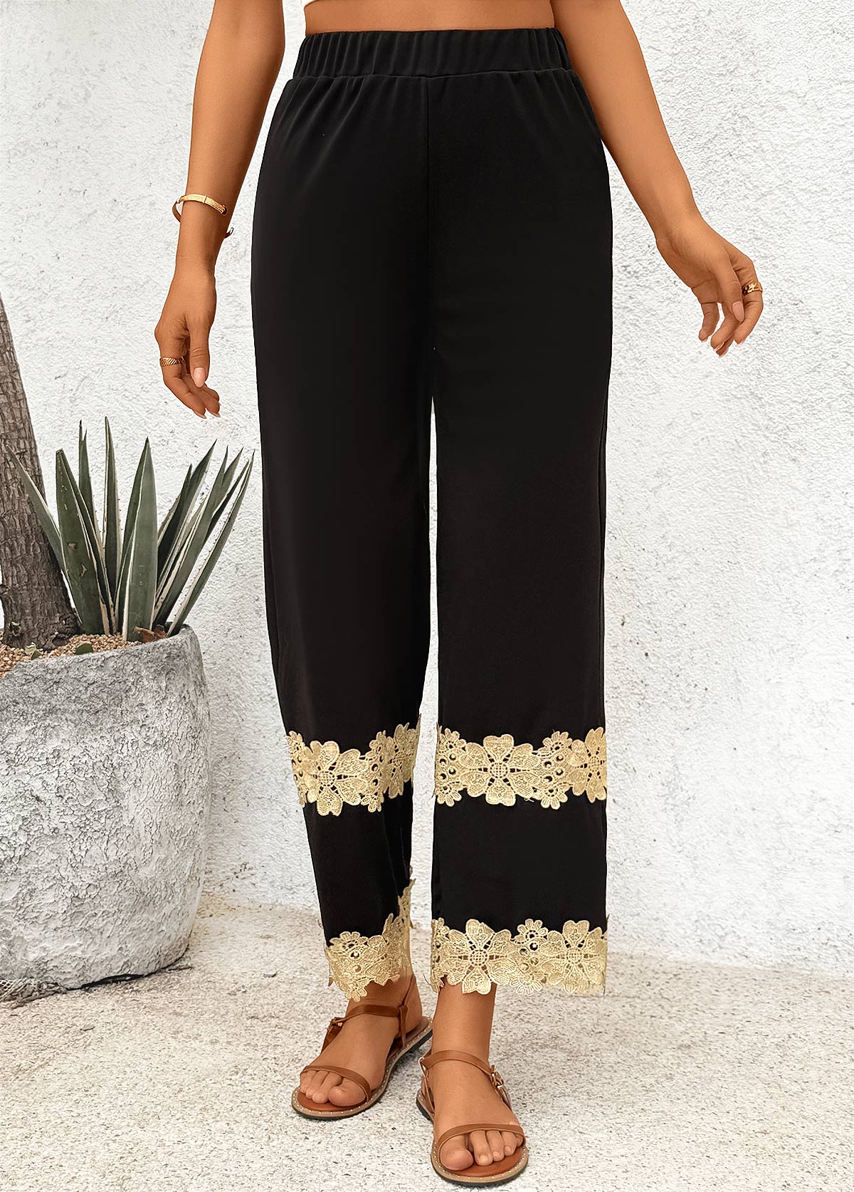 Black Straight Leg Elastic Waist High Waisted Pants | picture 