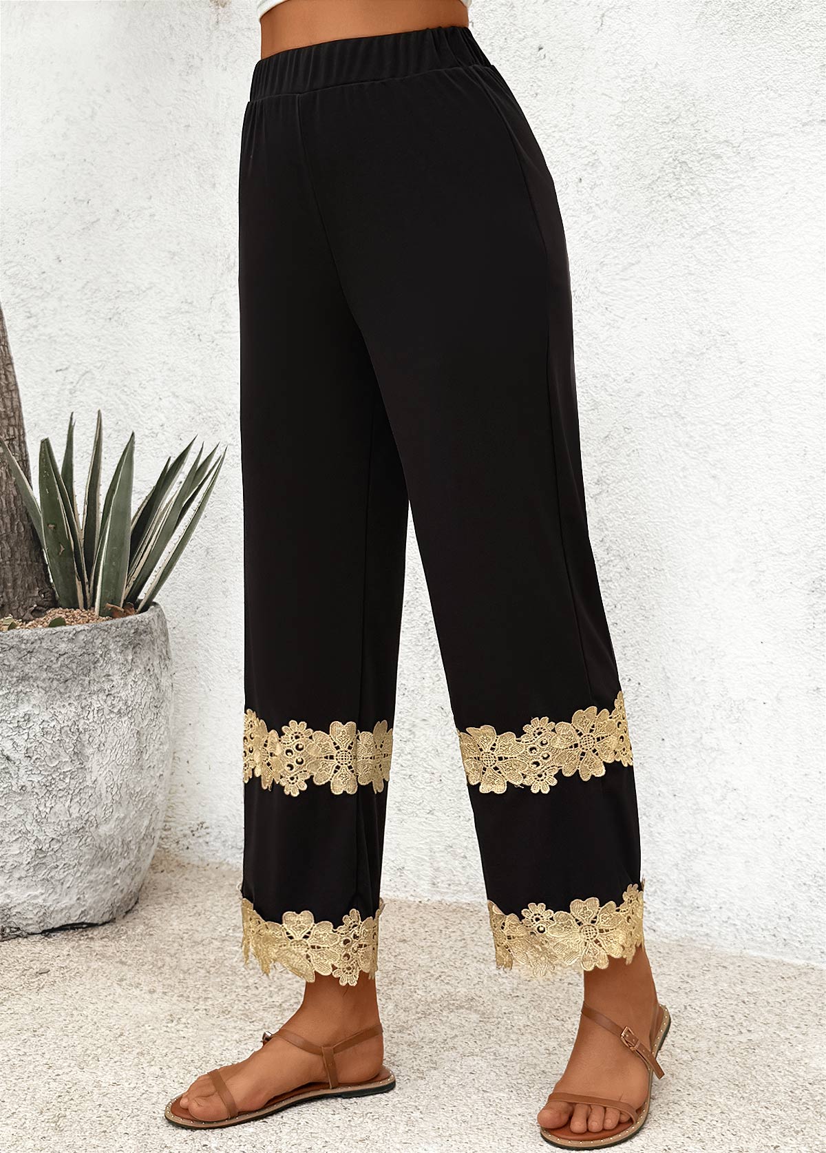 Black Straight Leg Elastic Waist High Waisted Pants | picture 