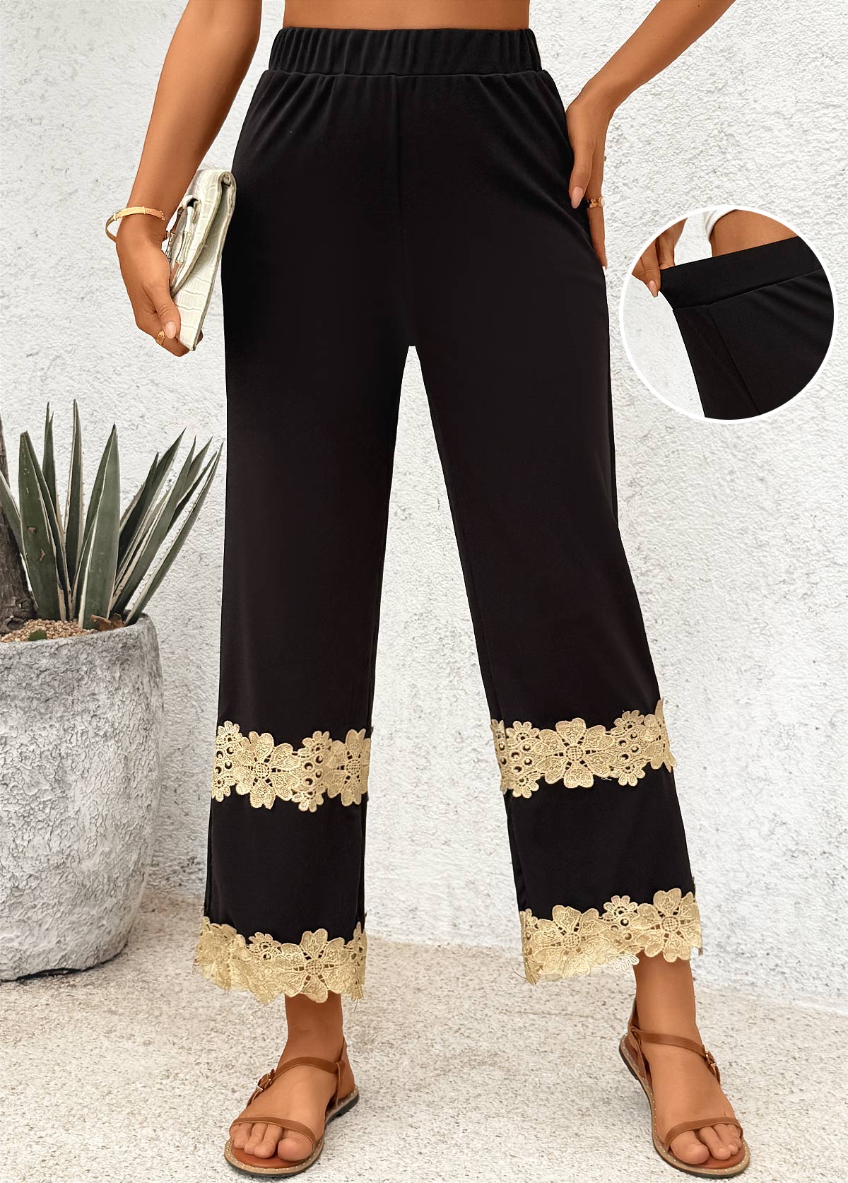 Black Straight Leg Elastic Waist High Waisted Pants | picture 