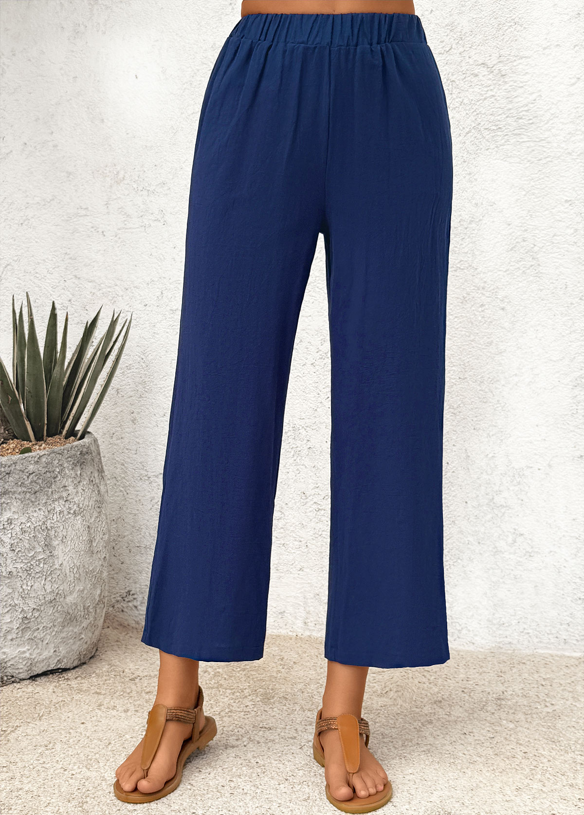 Dark Blue Straight Leg Elastic Waist High Waisted Pants | picture 