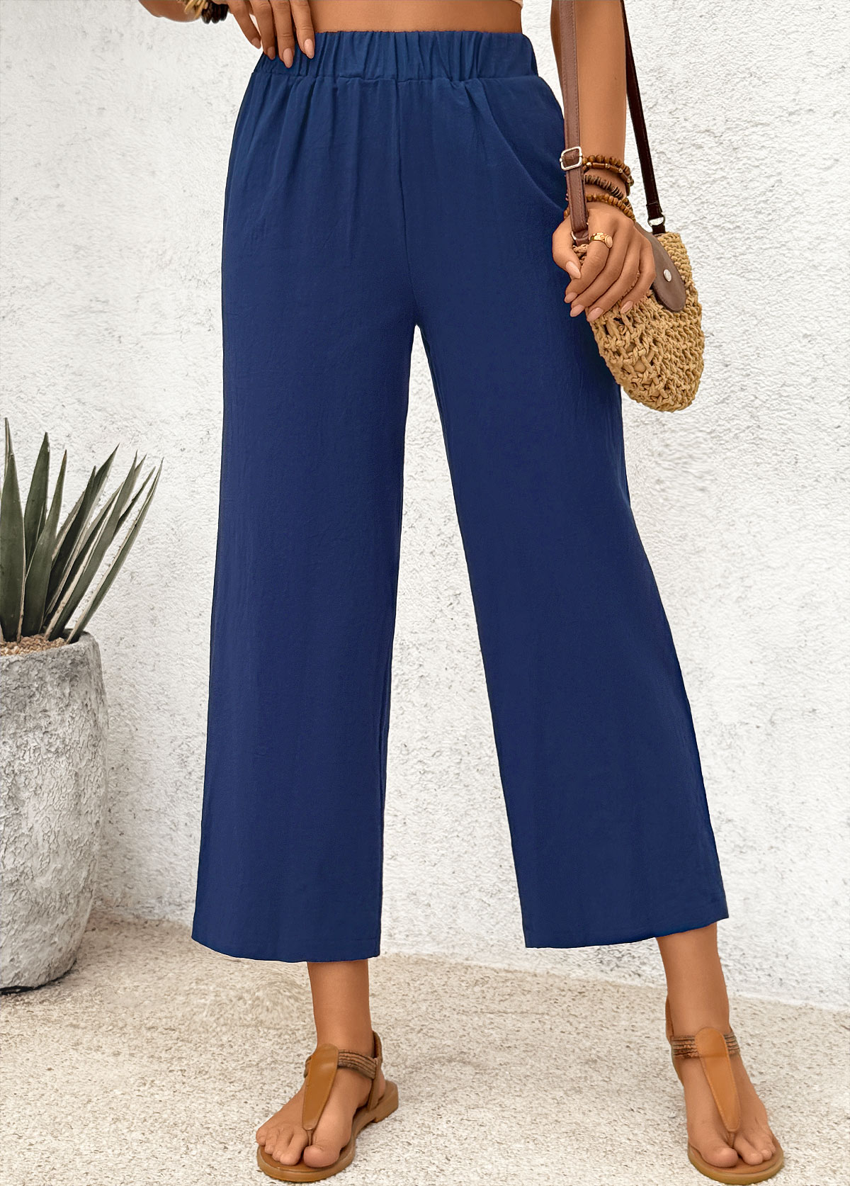 Dark Blue Straight Leg Elastic Waist High Waisted Pants | picture 