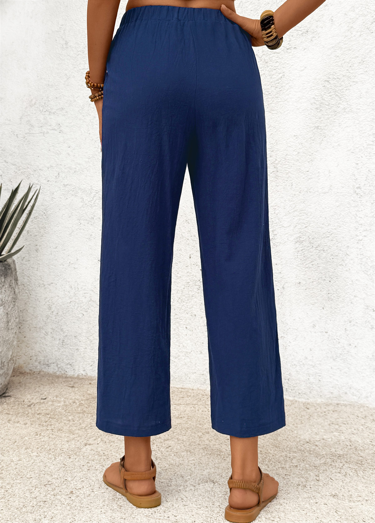 Dark Blue Straight Leg Elastic Waist High Waisted Pants | picture 