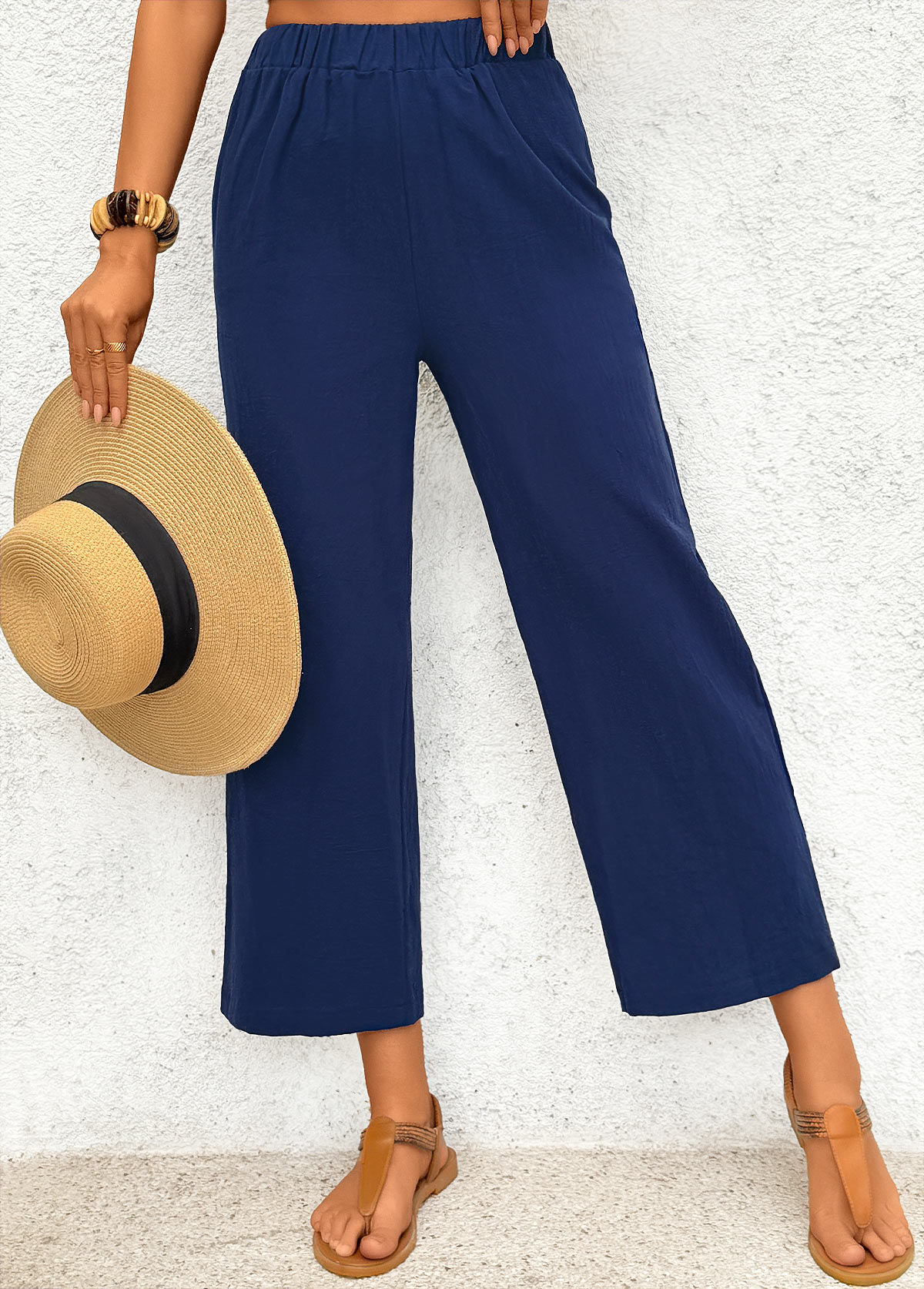 Dark Blue Straight Leg Elastic Waist High Waisted Pants | picture 