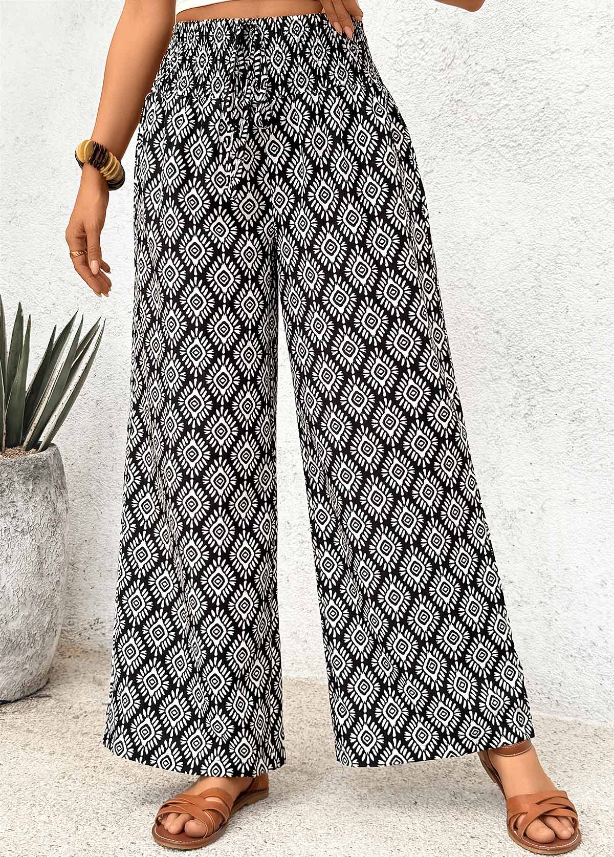 Black Geometric Print Wide Leg Elastic Waist Pants | picture 
