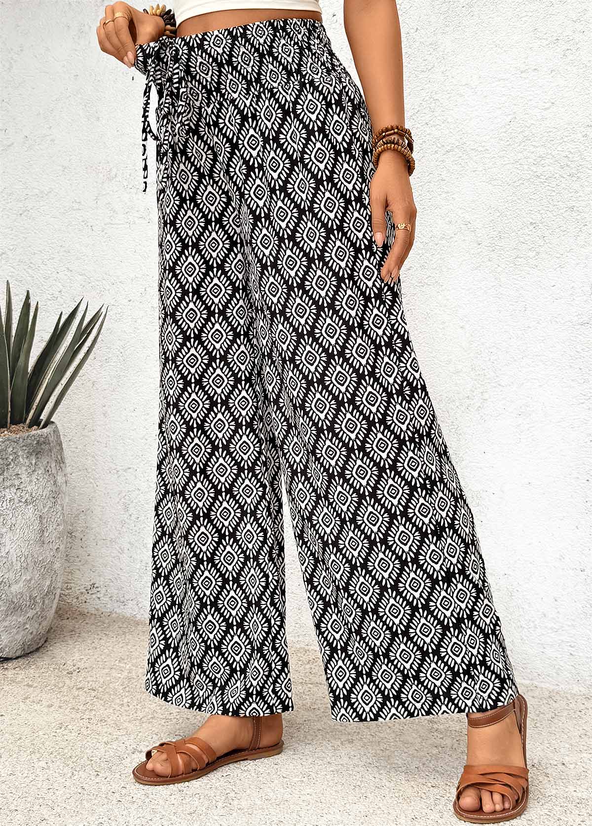 Black Geometric Print Wide Leg Elastic Waist Pants | picture 