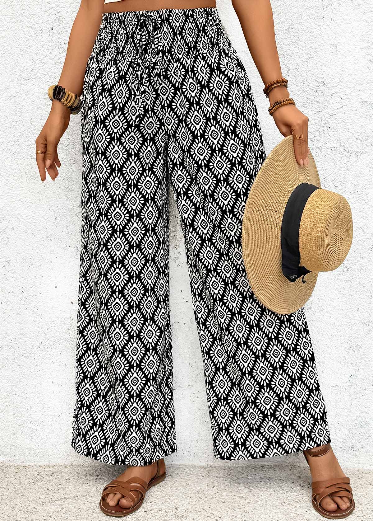 Black Geometric Print Wide Leg Elastic Waist Pants | picture 