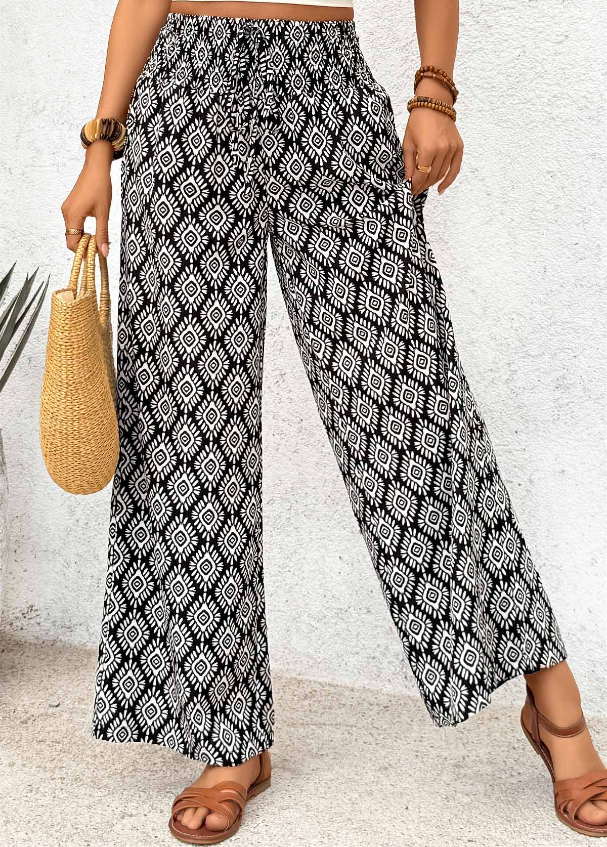 Black Geometric Print Wide Leg Elastic Waist Pants | picture 