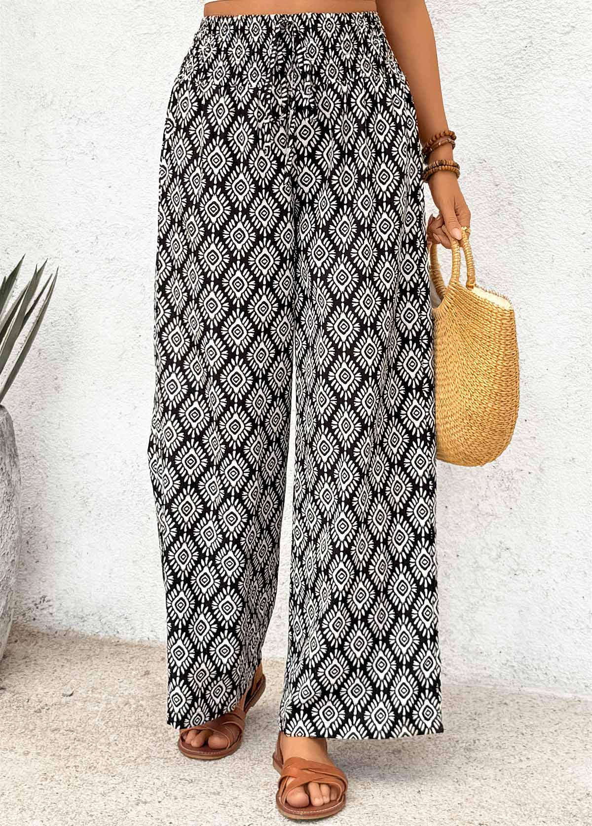 Black Geometric Print Wide Leg Elastic Waist Pants | picture 