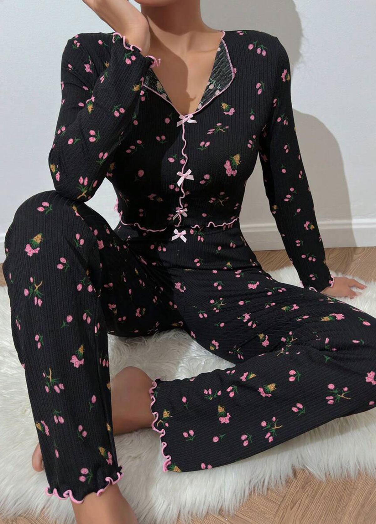 Black Ditsy Floral Print Lounge Top and Pants | picture 