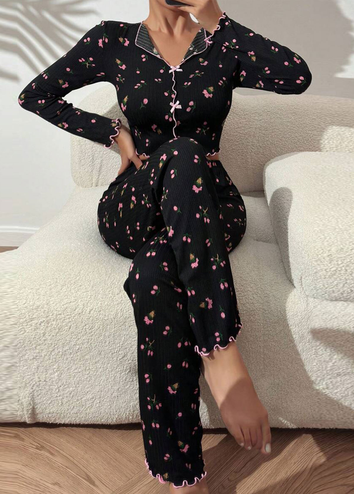 Black Ditsy Floral Print Lounge Top and Pants | picture 