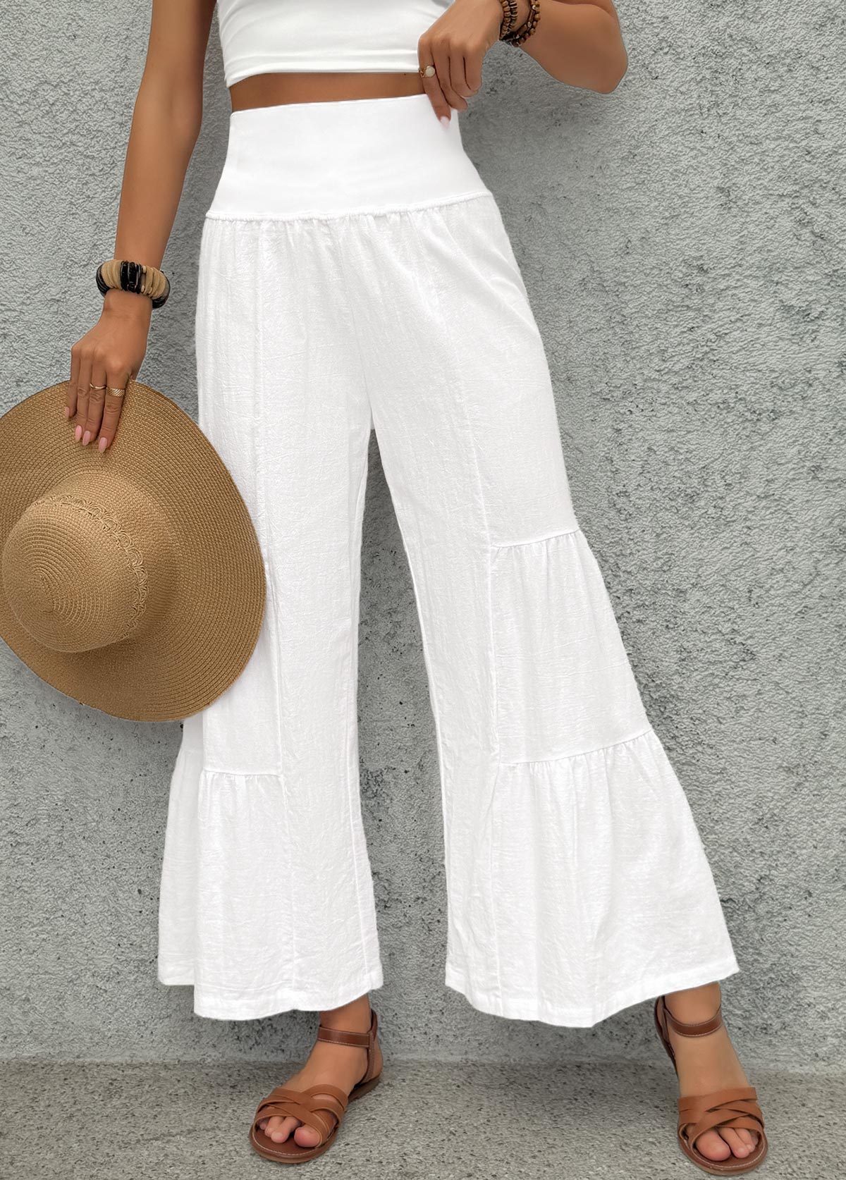 White Wide Leg Elastic Waist High Waisted Pants | picture 